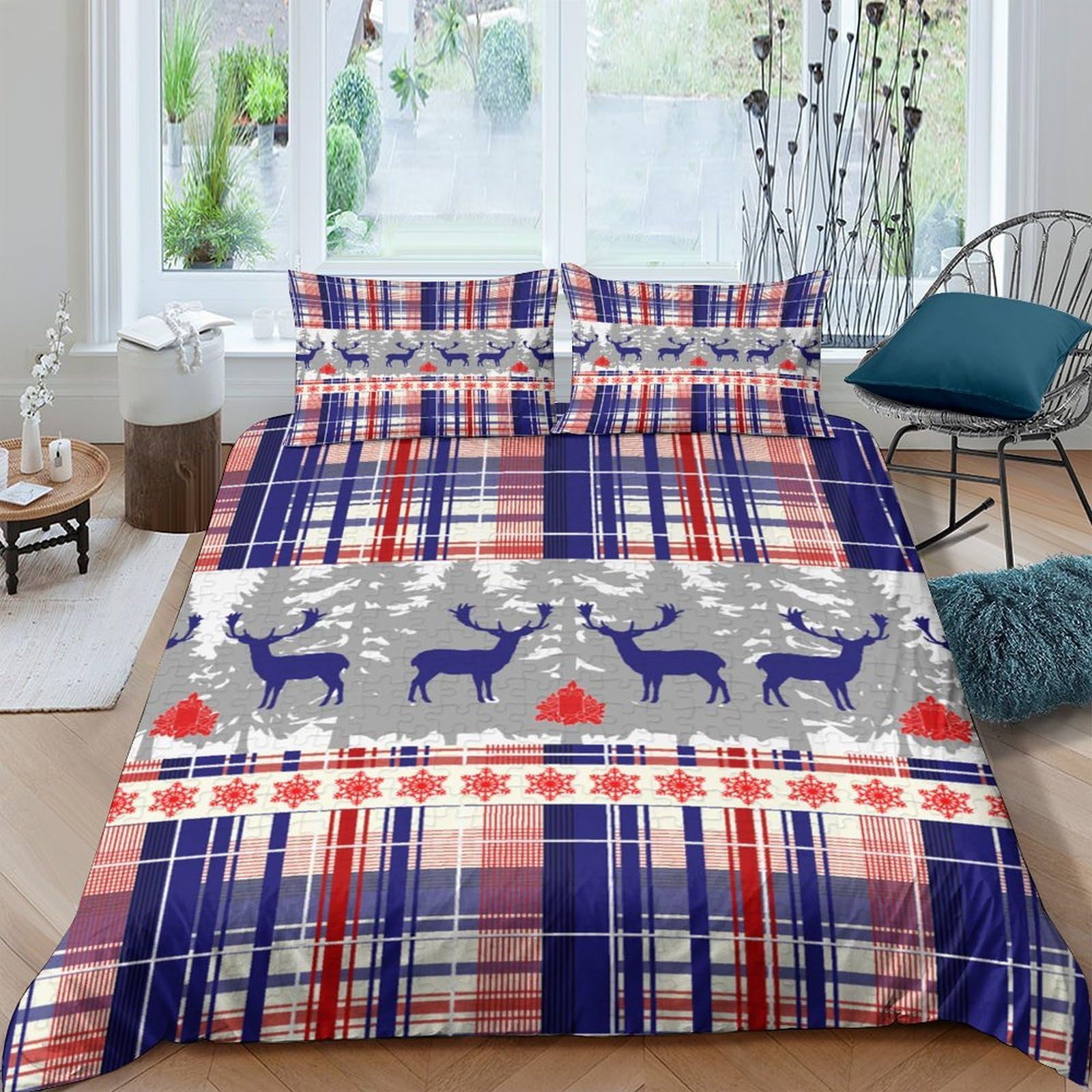 Ctjqhvkz Style-7 3D Printed Nordic Reindeer Fitted Sheet Microfiber Soft Plaid Mattress Cover For Bedroom Guest Room Decor Protection Single（135X200cm）