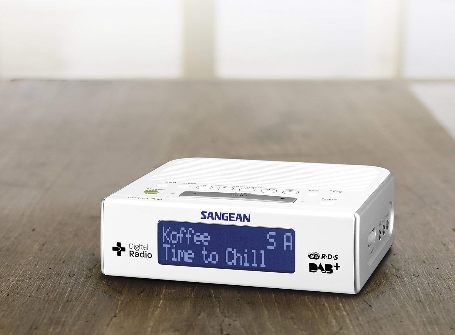 Sangean DCR-89+ front view with display showing 'Koffee Time to Chill'