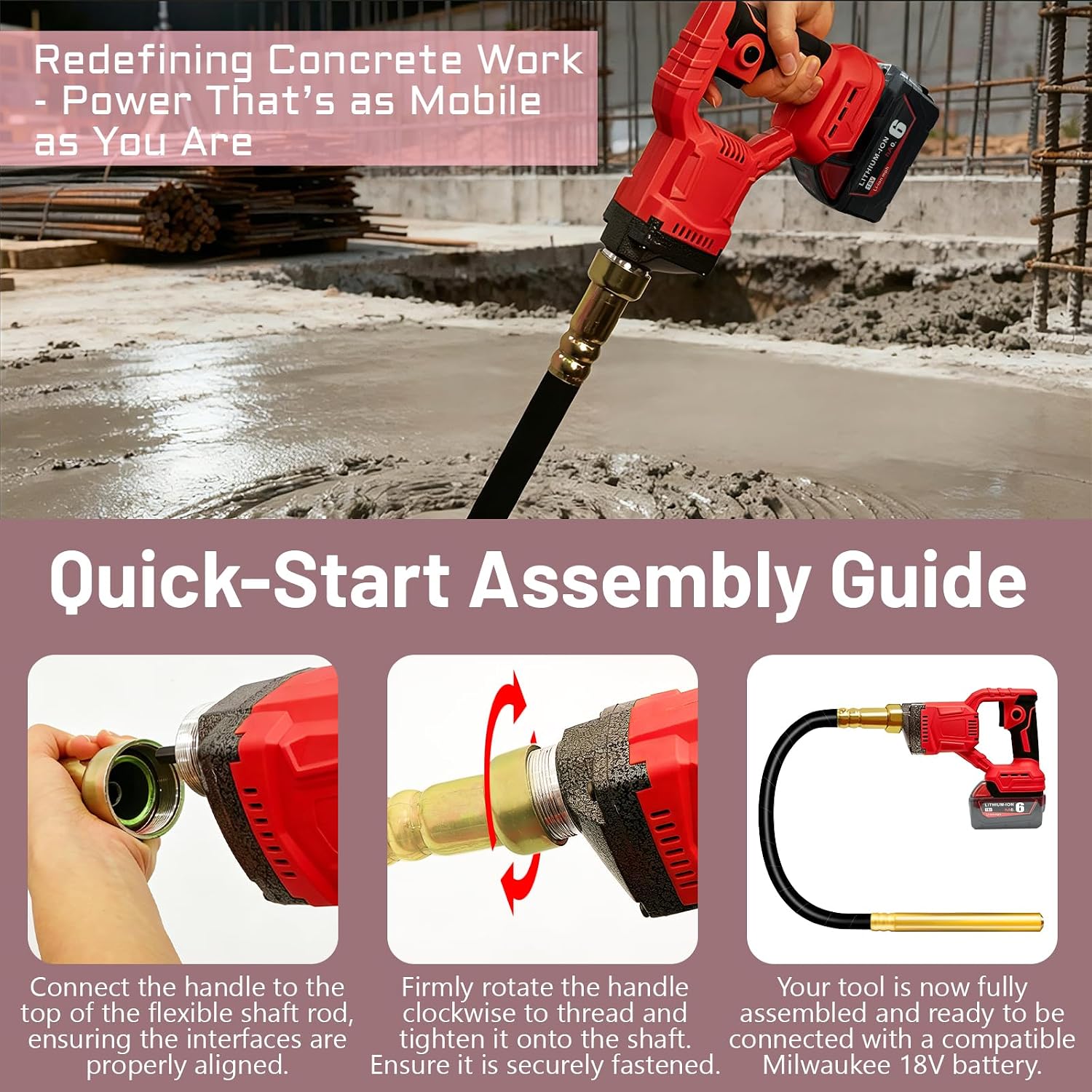 Handheld Concrete Vibrating Tool Compatible with Milwaukee 18V Battery (Tool Only), 600W Cordless Concrete Vibrator with 3.8ft Flexible Shaft, 6000RPM Portable Vibrarator for Removing Air Bubble