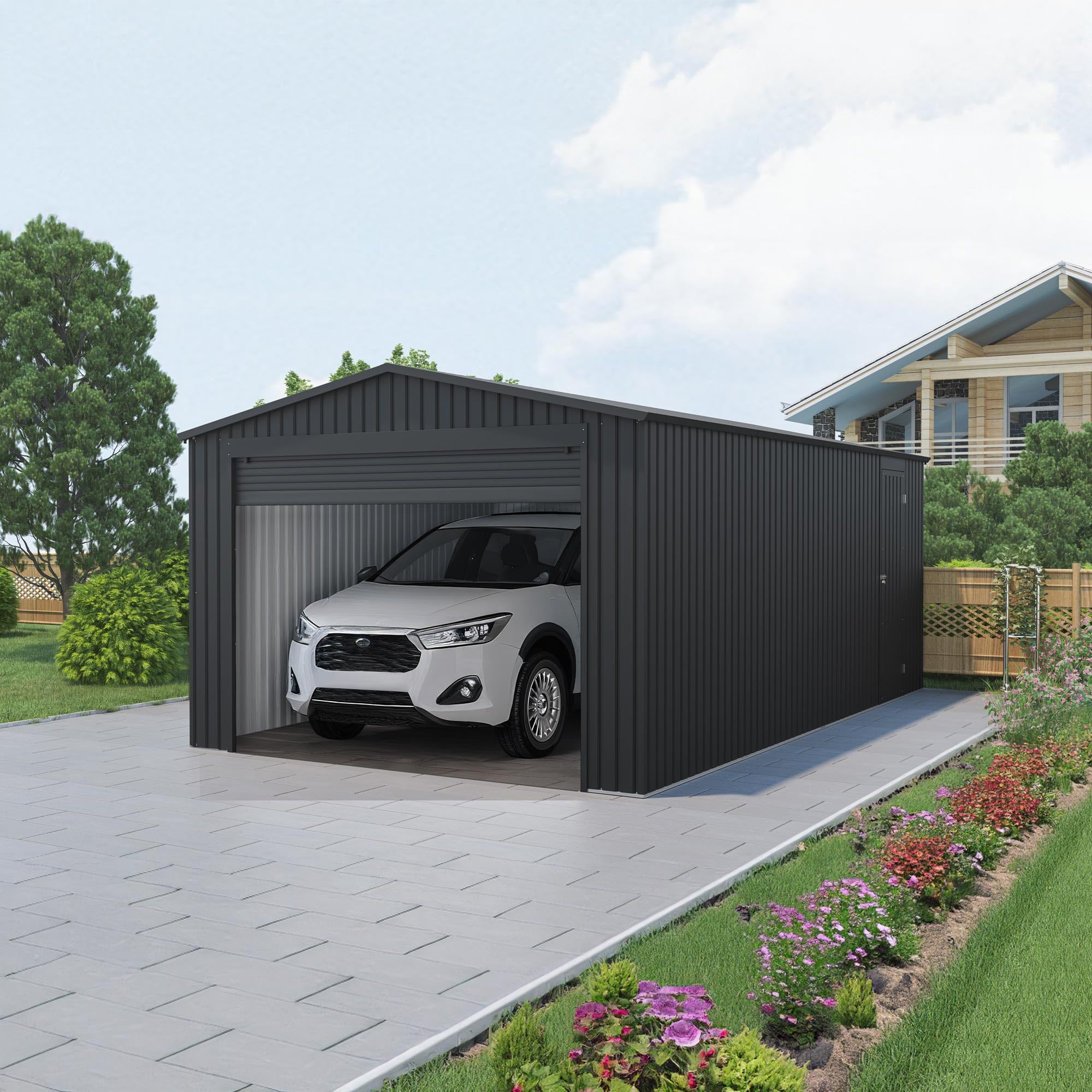 Wasabi - Metallischer Garagenunterstand 19,52 m² Jarama - 576x338x243 cm - Außen-Carport - Große Rolltür - Seitlicher Fußgängerzugang - Grau - Außenlagerung