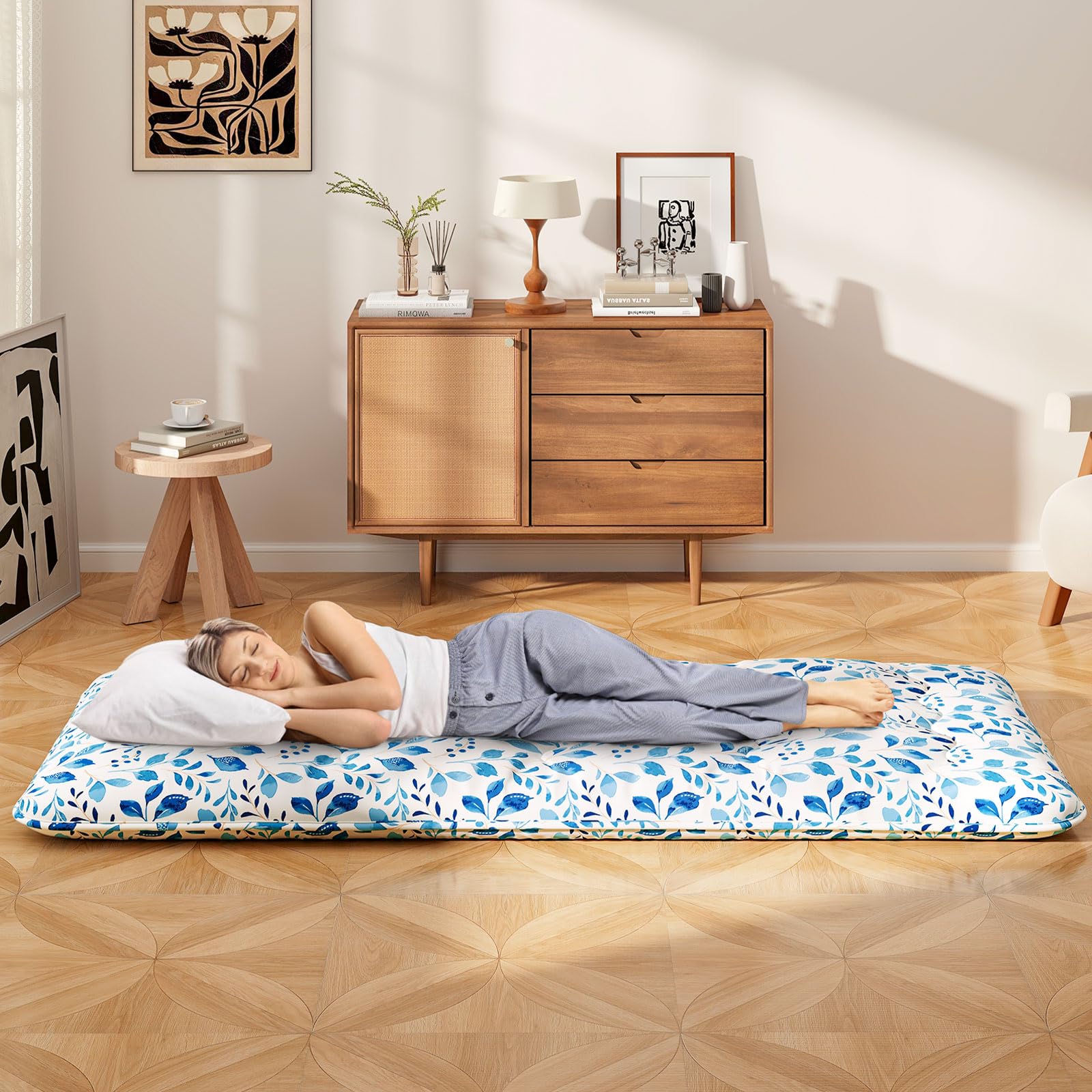 COSTWAY Matelas Futon Portable Pliable, Matelas Futon Japonais 90 x 200 cm, Housse Lavable, Matelas de Sol avec Sac de Transport, pour Le Camping, Les Voyages, d'Invités, Feuilles Bleu