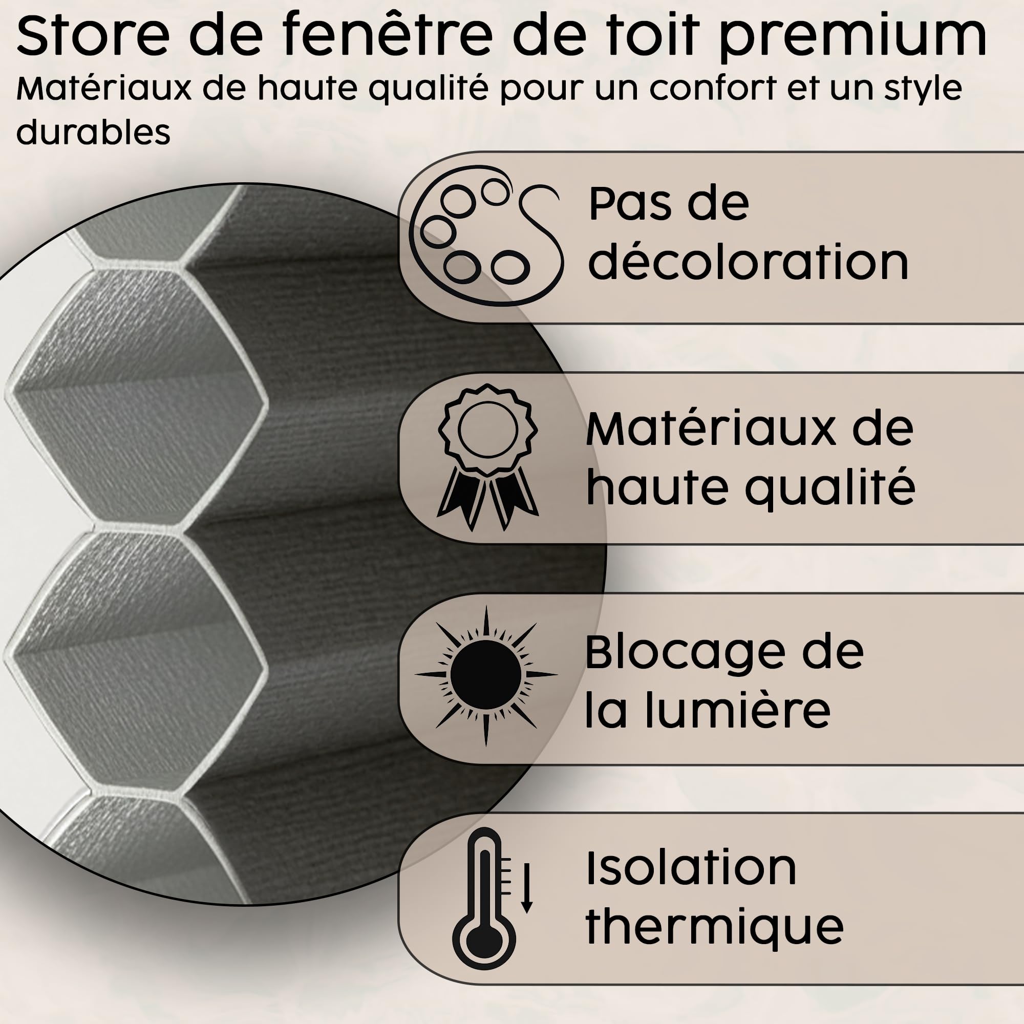 Concept Blinds Store Plissé en Nid d’Abeille pour Fenêtre de Toit – Occultant et Isolant Thermique, sur Mesure, 7 Couleurs de Tissu, Réglable Haut et Bas, Installation Facile avec Perçage