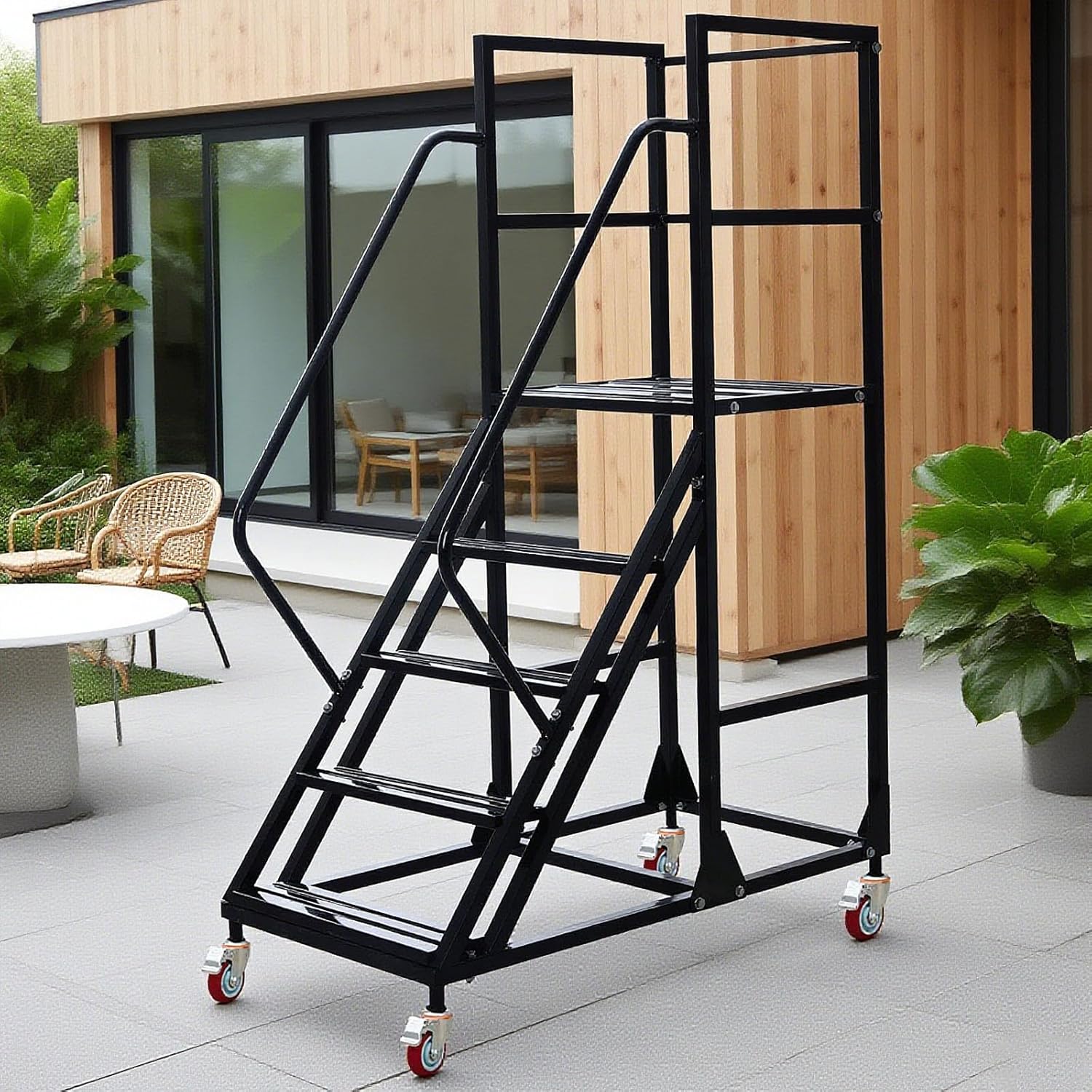5 Step Rolling Ladder - Mobile Rolling Stairs with Wheels, Heavy Duty ...
