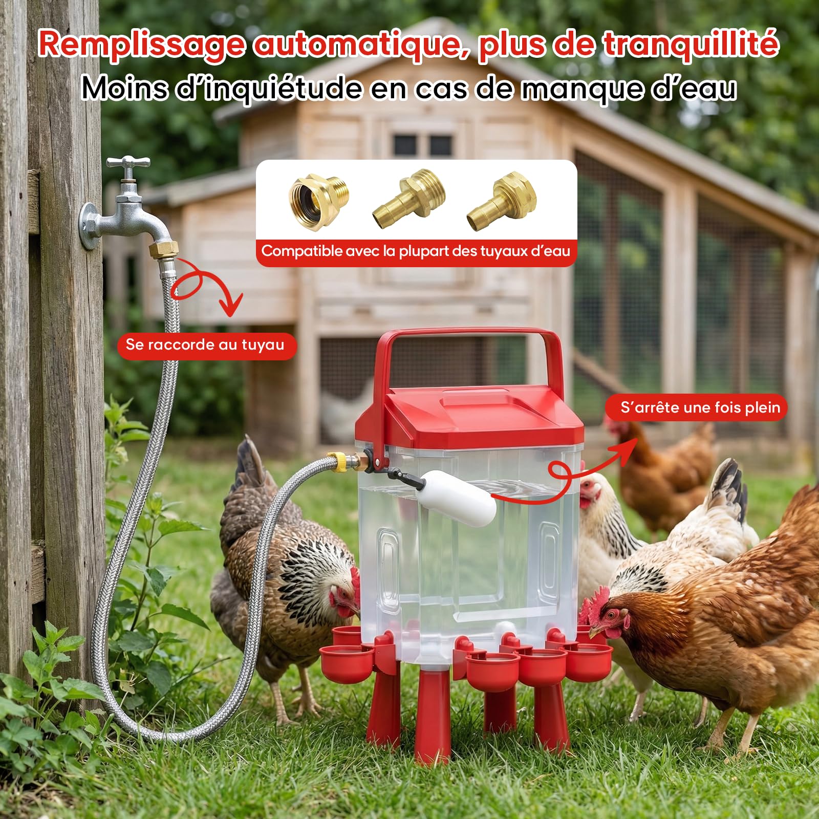 Bebedero Gallinas Automático 10 litros con Pies, 8 Cuencos, Flotador Filtrado Controlado