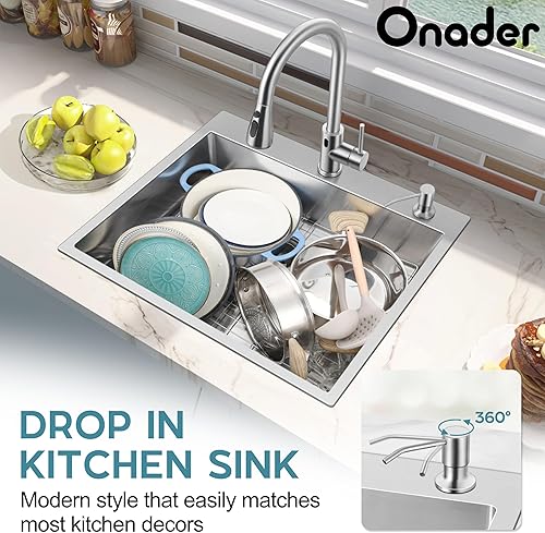 Vista 23 de Onader Fregadero de cocina de 33 x 22 pulgadas con grifo combinado, fregadero de acero inoxidable 18/10 de níquel cepillado moderno con estación