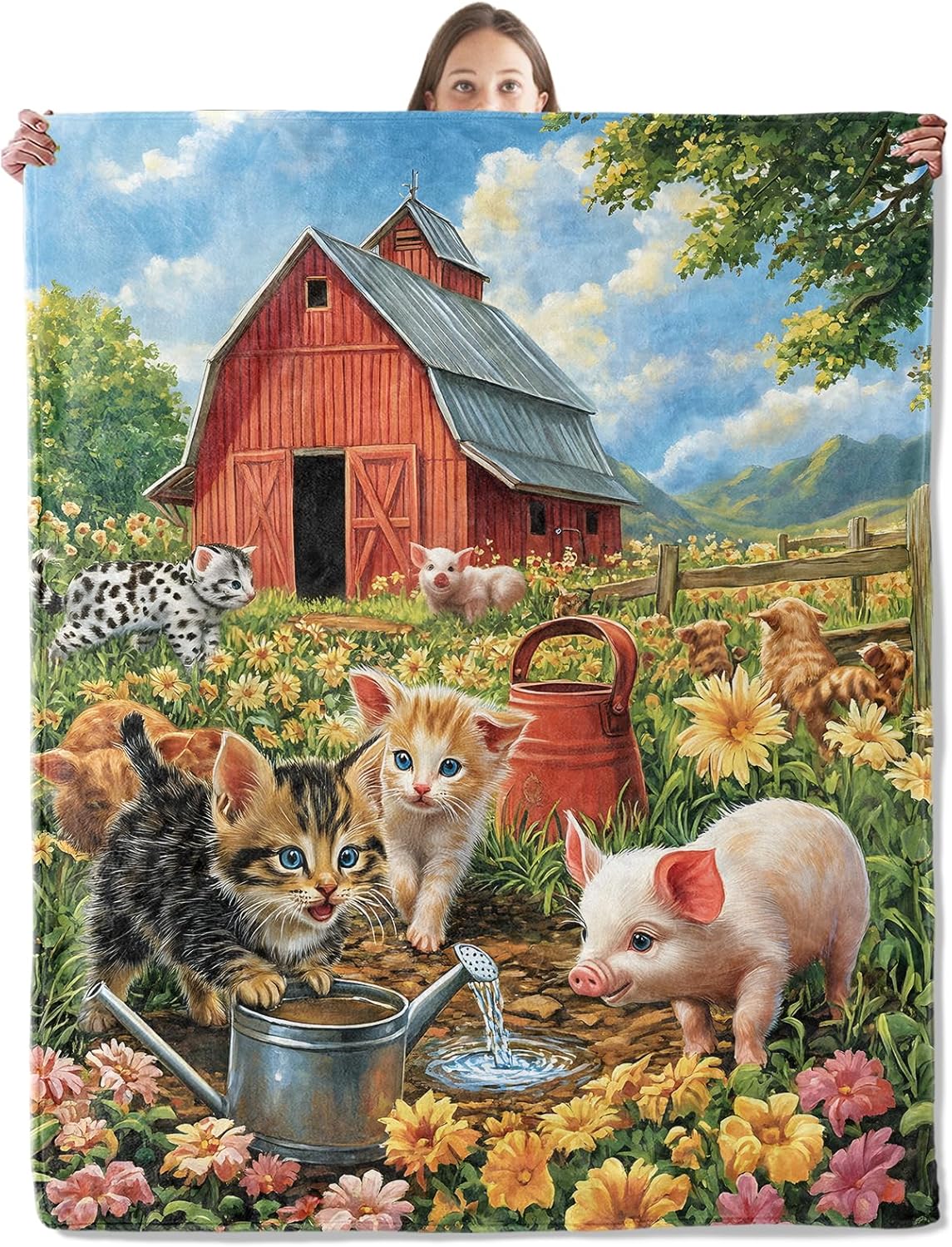 Cute Cat and Pig Blanket, Cozy Throw Blanket for Couch Bedroom Outdoor, Lightweight Soft Flannel Travel Blankets, Gifts for Women Boys Girls and Animal Lovers, Home Cabin Farm Decor 50"×60"