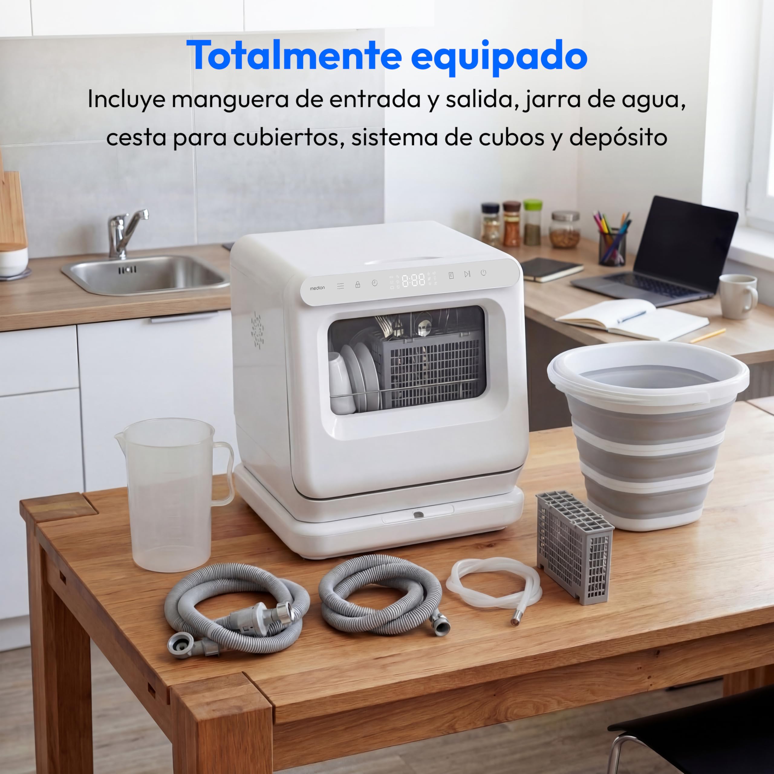 MEDION Mini Lavavajillas DWT30, 3 Servicios, Lavavajillas de Sobremesa, funciona con o sin conexión de agua, 6 Programas, Luz UV, Secado por Aire, Pantalla Táctil, libre instalación, MD370022