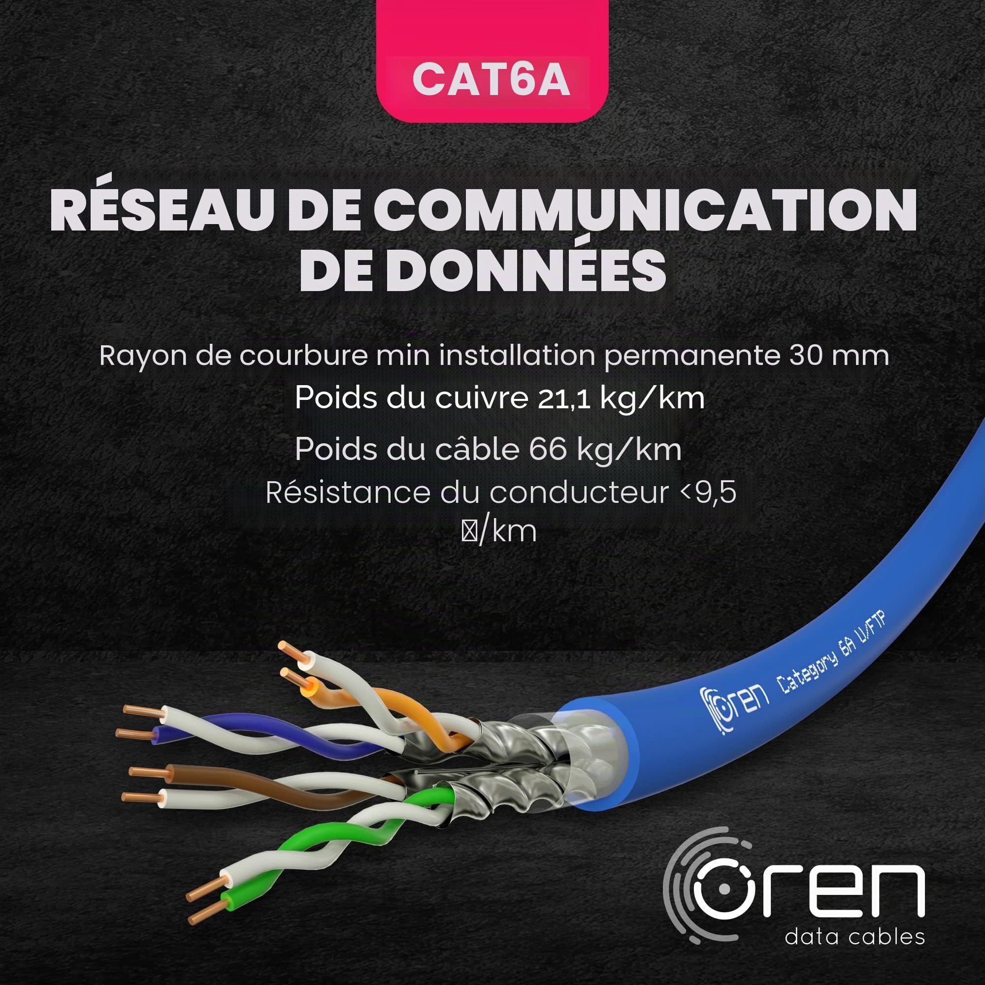 Oren CAT6A 50m Câble Ethernet - Câble en cuivre pur 23 AWG - Bande passante 500 MHz, Câble réseau LAN Internet U/FTP, sans halogène, non corrosif, ignifuge - 10GbE