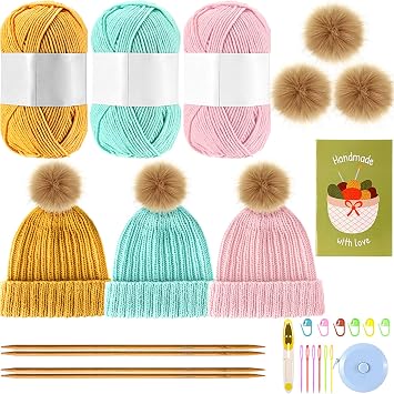 Maasechs Knitting Kit for Beginners Adults Complete Hat Knitting Kits Learn to Knit Kits with Yarn Bamboo Needle Pom Pom Step-by-Step Instruction Knit Accessories for Mother Women Men GiftsBright