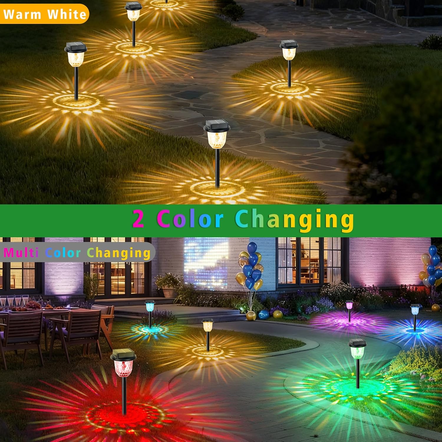 echosari 6 Pack Color Changing Solar Lights Outdoor Pathway, Dynamic Pattern Multicolor & Warm White Waterproof Solar Garden Lights Path Lights for Landscape Driveway Walkway Lawn