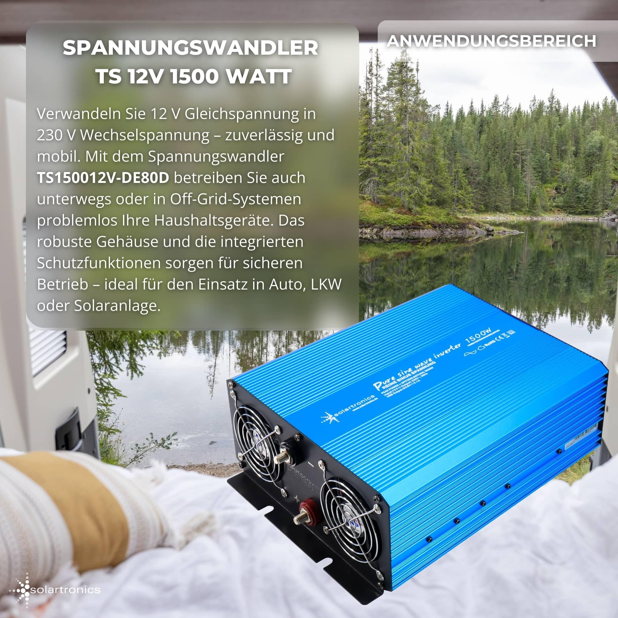 SOLARTRONICS TS 1500W Spannungswandler 12V 230V Reiner Sinus Wechselrichter 230v auf 12v Power Inverter + Display Einbau Fernbedienung USB C+A Wohnmobil