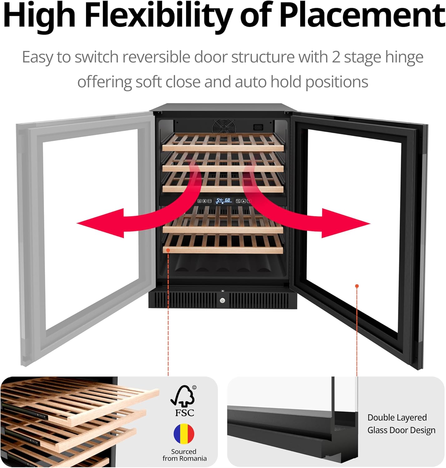 24 Inch Dual Zone Wine Refrigerator, 51 Bottles Under Counter Built-In or Freestanding Wine Cellar, Wine Cooler with Quiet Compressor Cooling and Reversible Glass Door, Fits Large Bottle