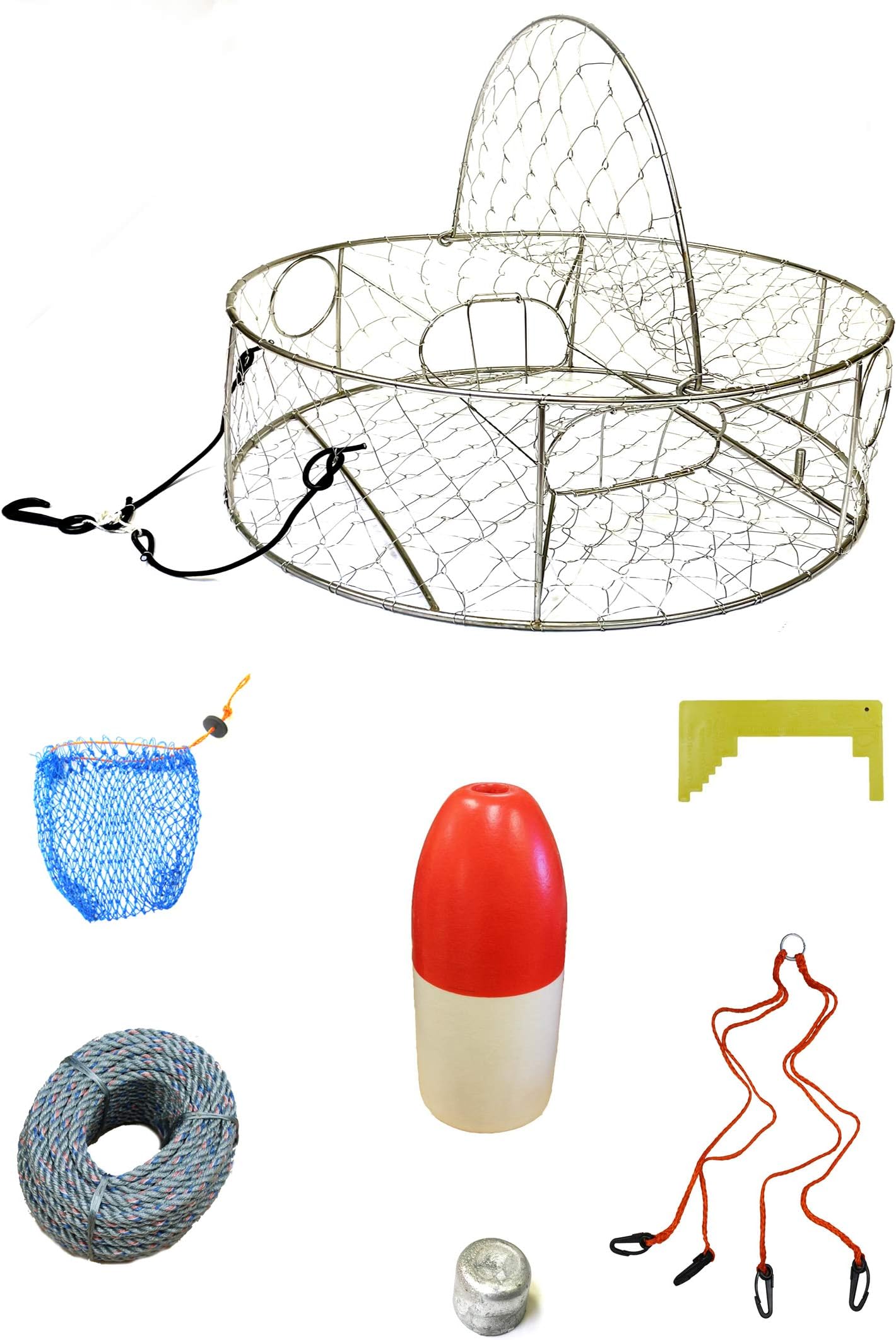 KUFA Stainless Steel Crab Trap with Zinc Anode & Accessory Kit (100' Lead Core Rope, Caliper,Harness,Bait Case & 11" Red/White Float) CT100+CAQ1+ZIN1K