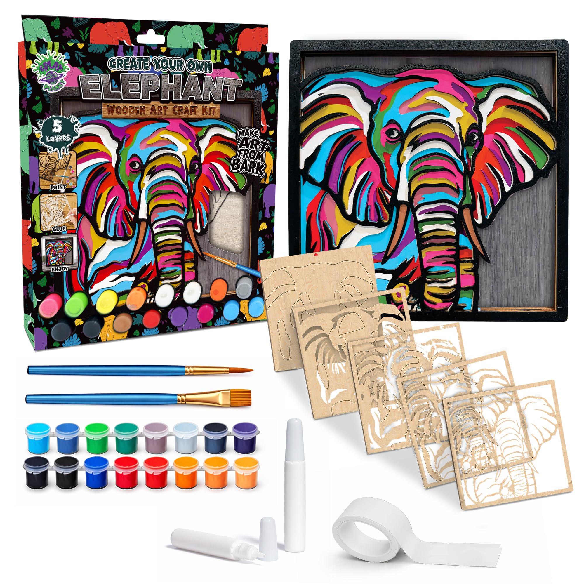Splat Planet – Elephant 3D Wooden Art Kit – Paint Your Own 3D Layered Wood Wall Art for Kids & Adults, DIY 3D Art Elephant Wood Painting Kit Wooden Art and Craft Gift Set, 25 x 25cm