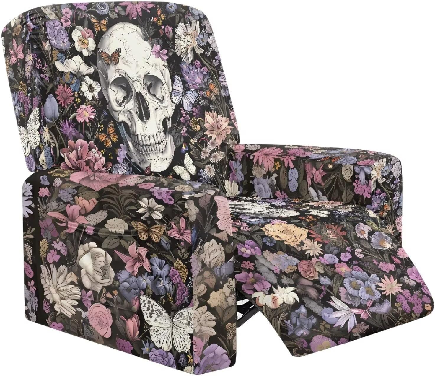 FOR U DESIGNS Skull Floral 4-Piece Stretch Recliner Slipcovers Non Slip Stay in Place Washable Covers with Storage Pockets Soft Breathable Fit for Small Recliners
