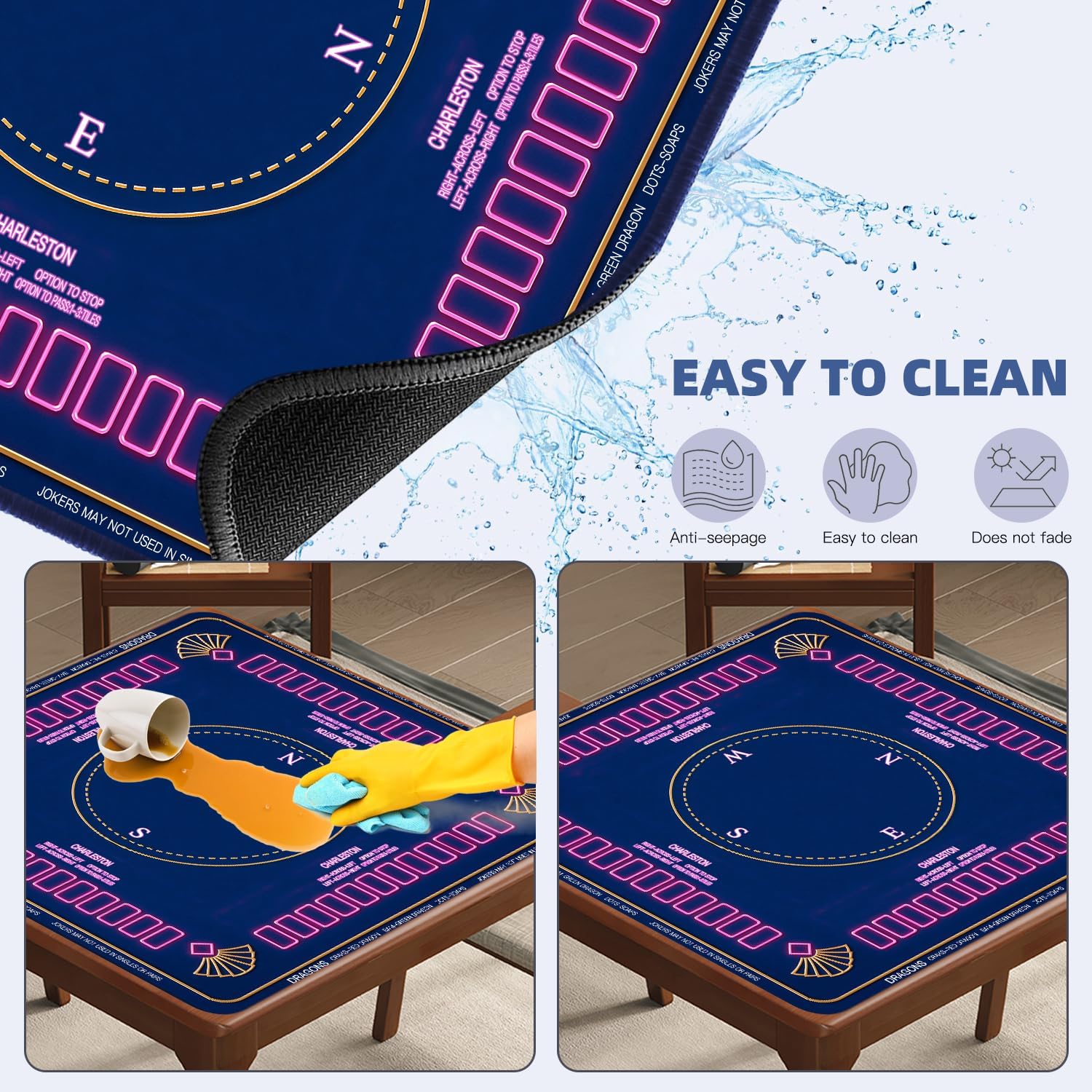 ARELUX Neoprene Mahjong Mat with Carrying Bag 32"x32" No Creases Rolled Shipping American Mat with Charles Rules Anti-Slip & Noise Reduction Table Cover for Poker, Card & Board Game(Blue and Purple)