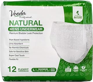 Veeda Natural Premium Incontinence Underwear for Men, for Bladder Leakage Protection, Maximum Absorbency, Large Size, 12 Count