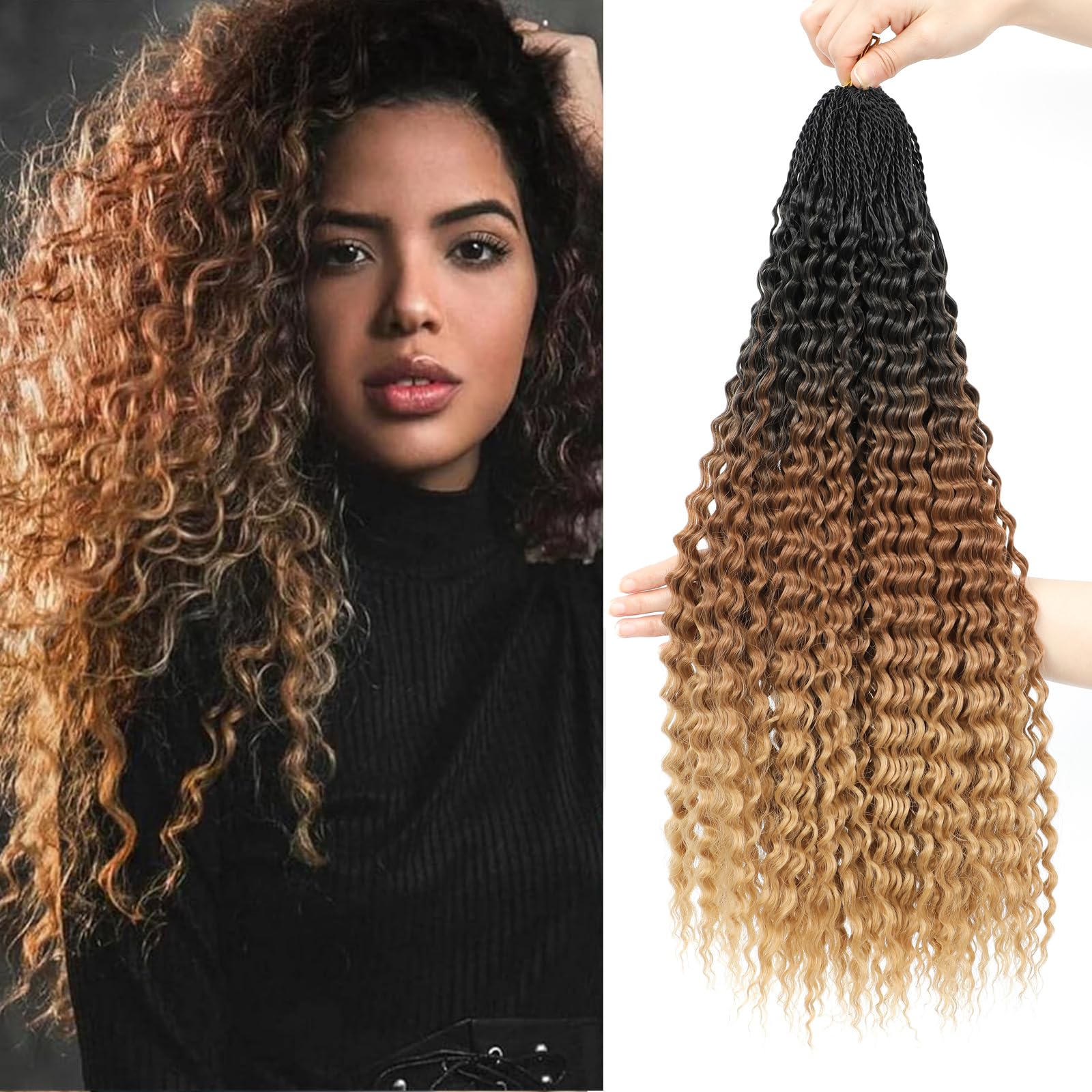 Auxemuen 8Packs Curly Crochet Braiding Hair 16Inch Pre Looped Deep Wave Braiding Hair Ocean Wave Crochet Hair Soft Synthetic Bohemian Curly Water Wave Crochet Braids for Women (1B/30/27)