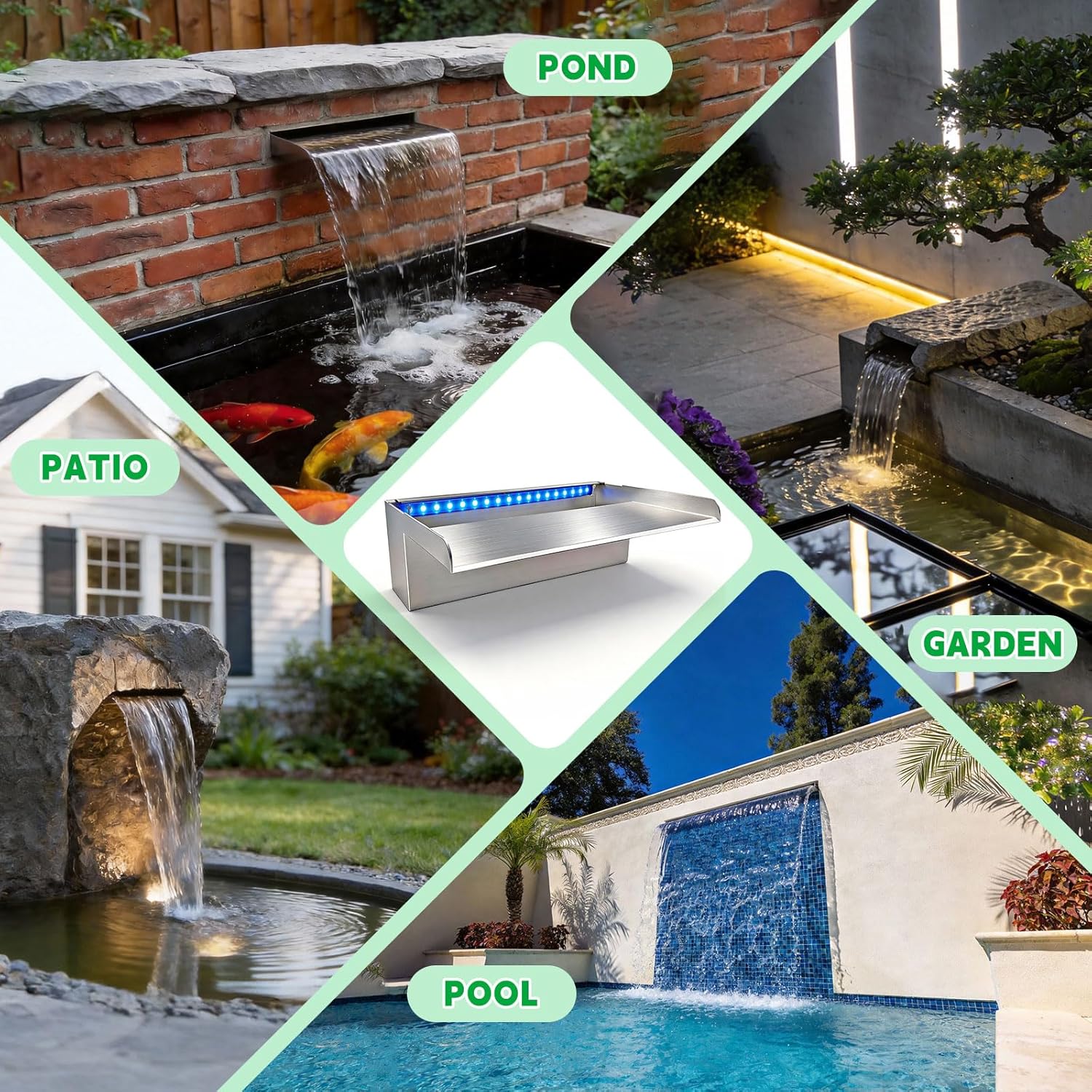 LONGRUN Stainless Steel Waterfall Spillway, APP Control Multi-Color LED Light Outdoor Pool Fountain, Water Spillway Koi Pond Waterfalls Fountains Kit for Garden Patio Swimming Pool Decoration-11.8"