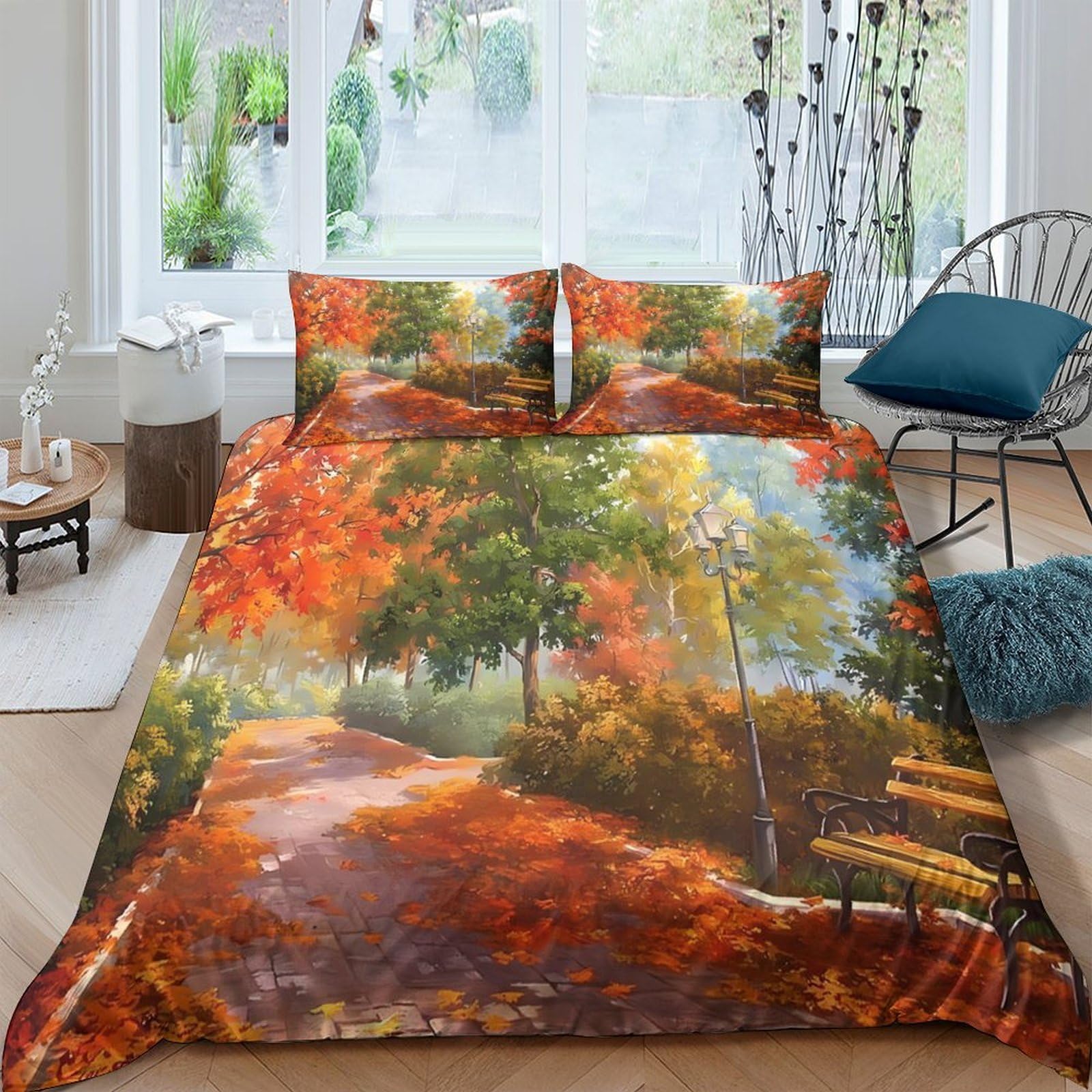 GPLZQXKJNH 3D Printed Autumn Forest Path Duvet Cover Microfiber Bedding Set with 2 Pillowcases, Breathable for Bedroom Decor Single（135x200cm）