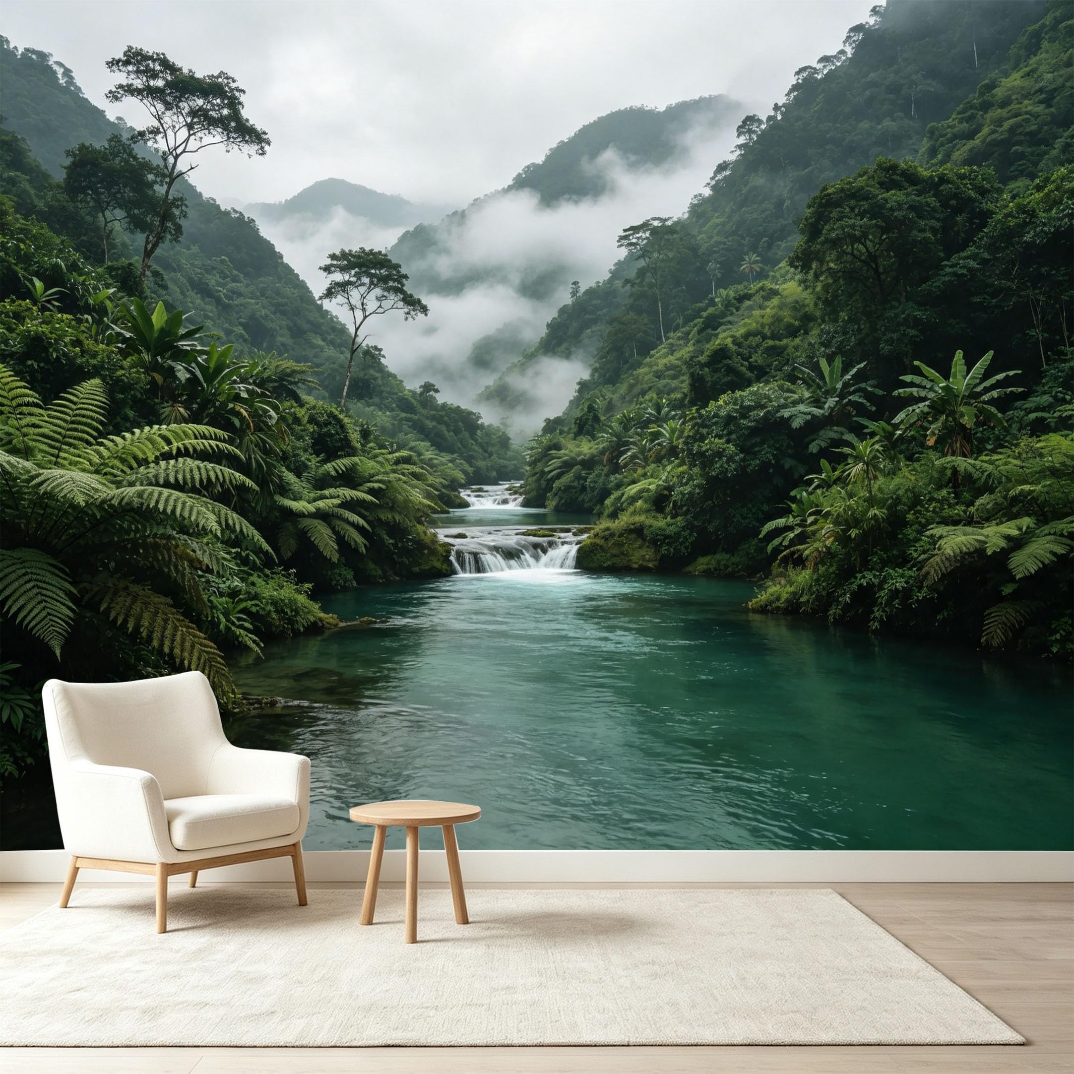 Custom Size Wall Murals Tropical Rainforest Landscape Misty Mountains River Waterfall Self-Adhesive Wall Fabric Removable Wallpaper Wall Decor for Living Room Bedroom Bathroom
