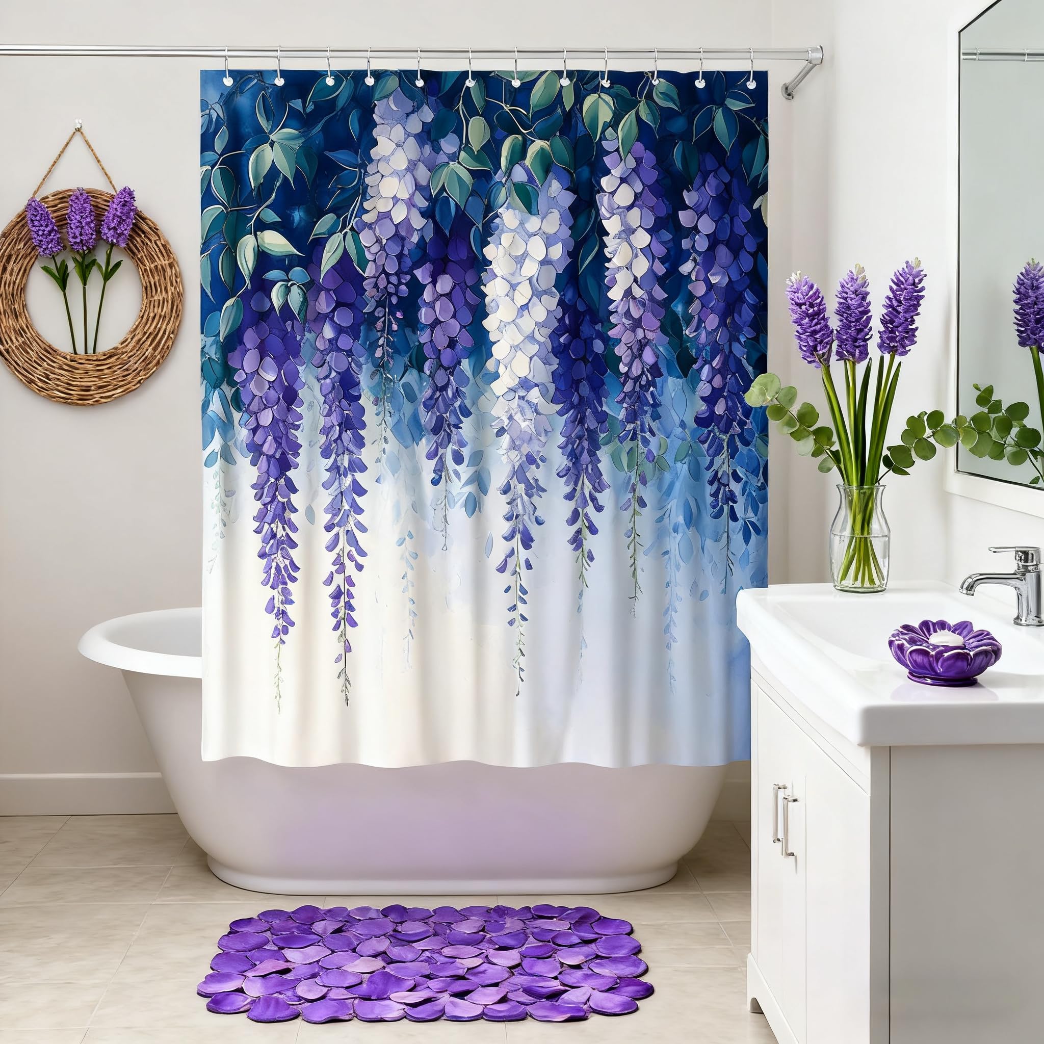 Purple Blue Floral Shower Curtain Spring Lavender Flower Weeping Wisteria Blossom Vine Leaves Watercolor Botanical Bathroom Polyester Curtains Set