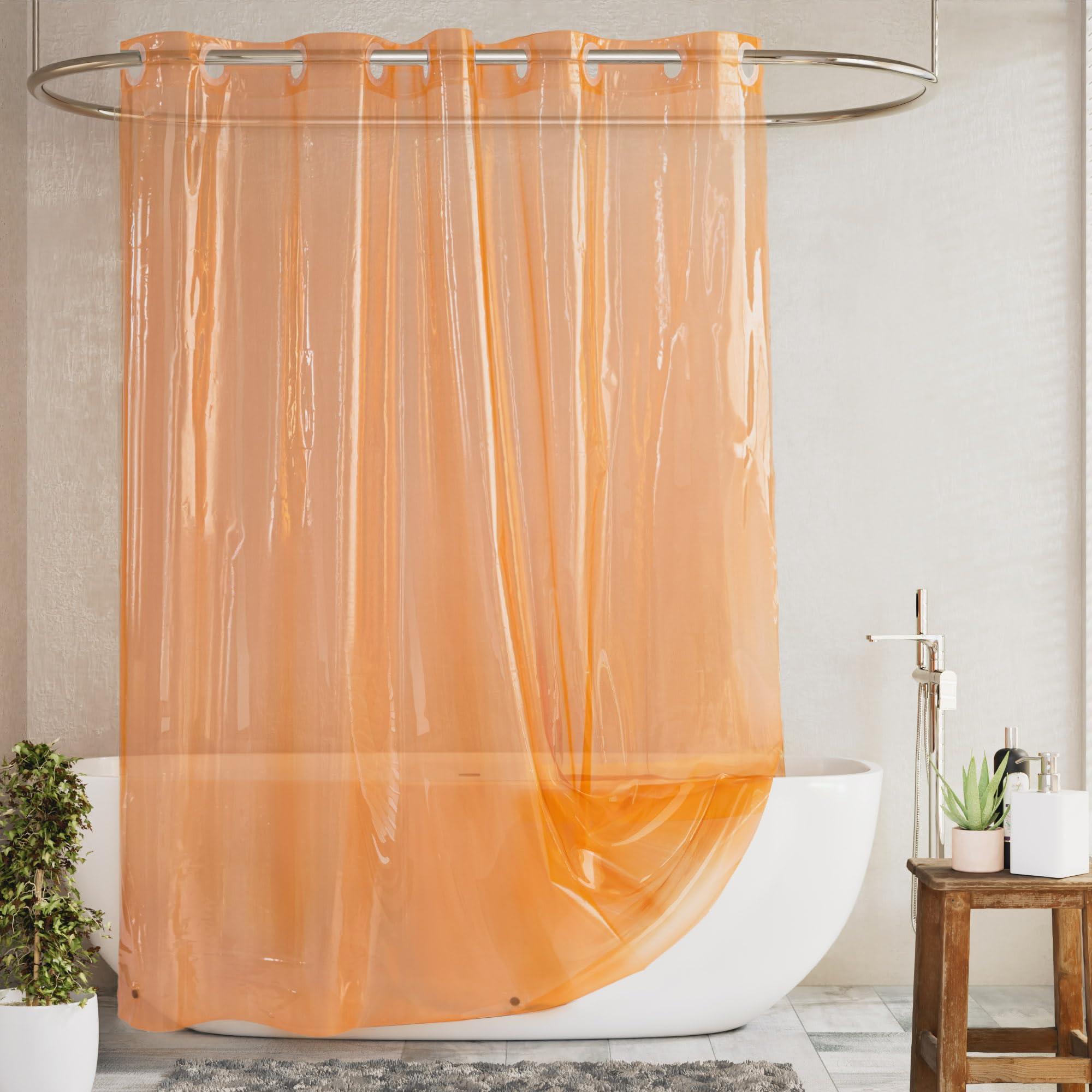 Barossa Design No Hook Clear Orange Shower Curtain or Liner - Soft EVA 10G Extra Heavy Duty Shower Curtain with 3 Magnets for Bathroom, Standard Size 71" x 74", Clear Orange