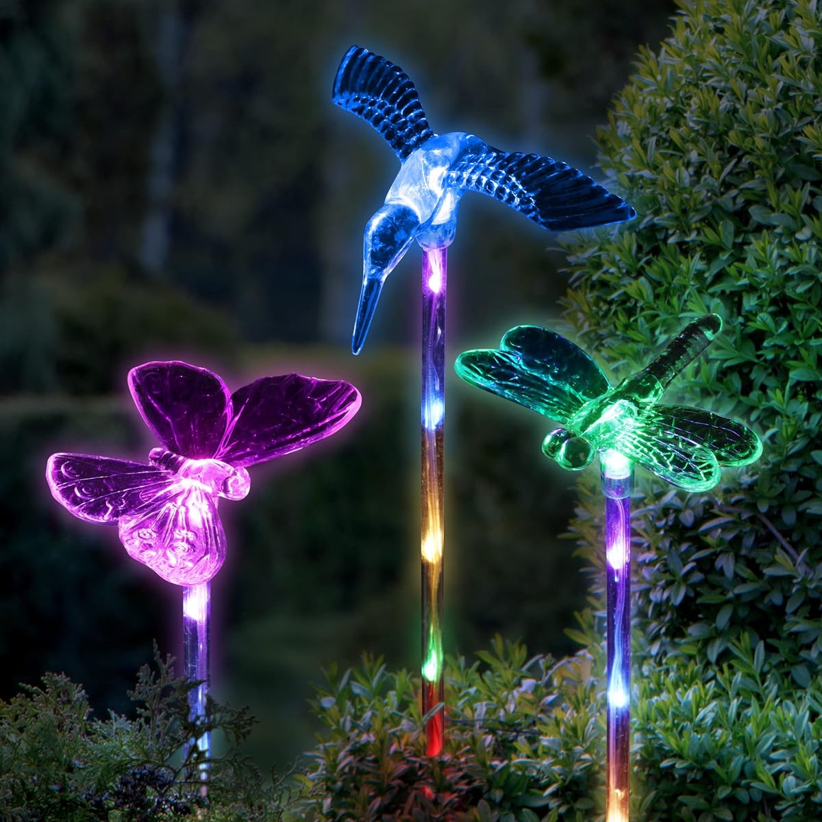 3 Solar Acrylic Garden Stakes, Color-Changing Tops, LED Lined Stakes, 1/ea 3pc, 3.5"x 3"25.5"