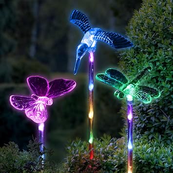 Exhart 3 Solar Acrylic Garden Stakes, Color-Changing Tops, LED Lined Stakes, 1/ea 3pc, 3.5"x 3"25.5"