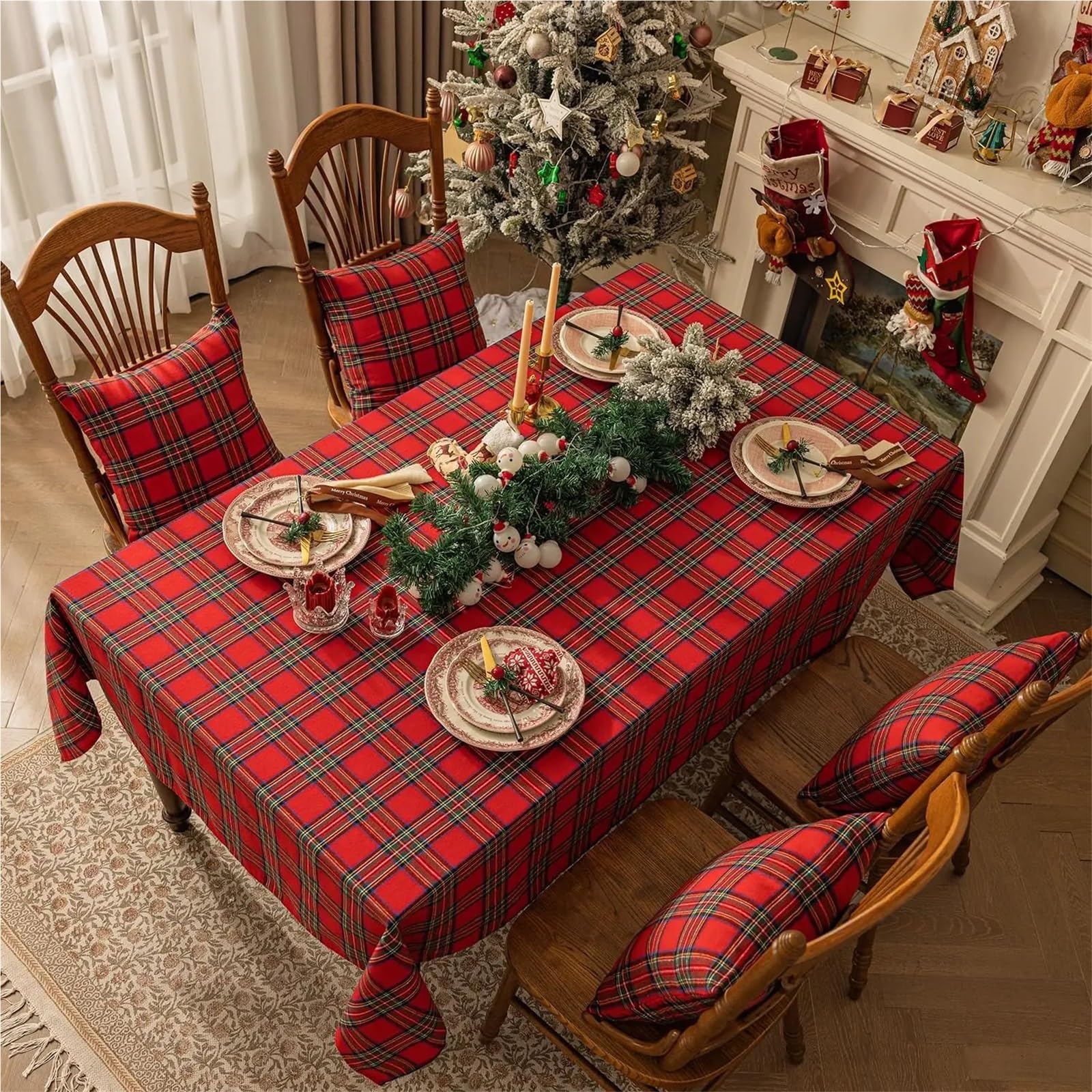 Tovaglia rettangolare a quadretti da 1 pezzo - Tovaglie natalizie a quadri in cotone e lino a di bufalo rosso, fattoria invernale(132x300.0cm)