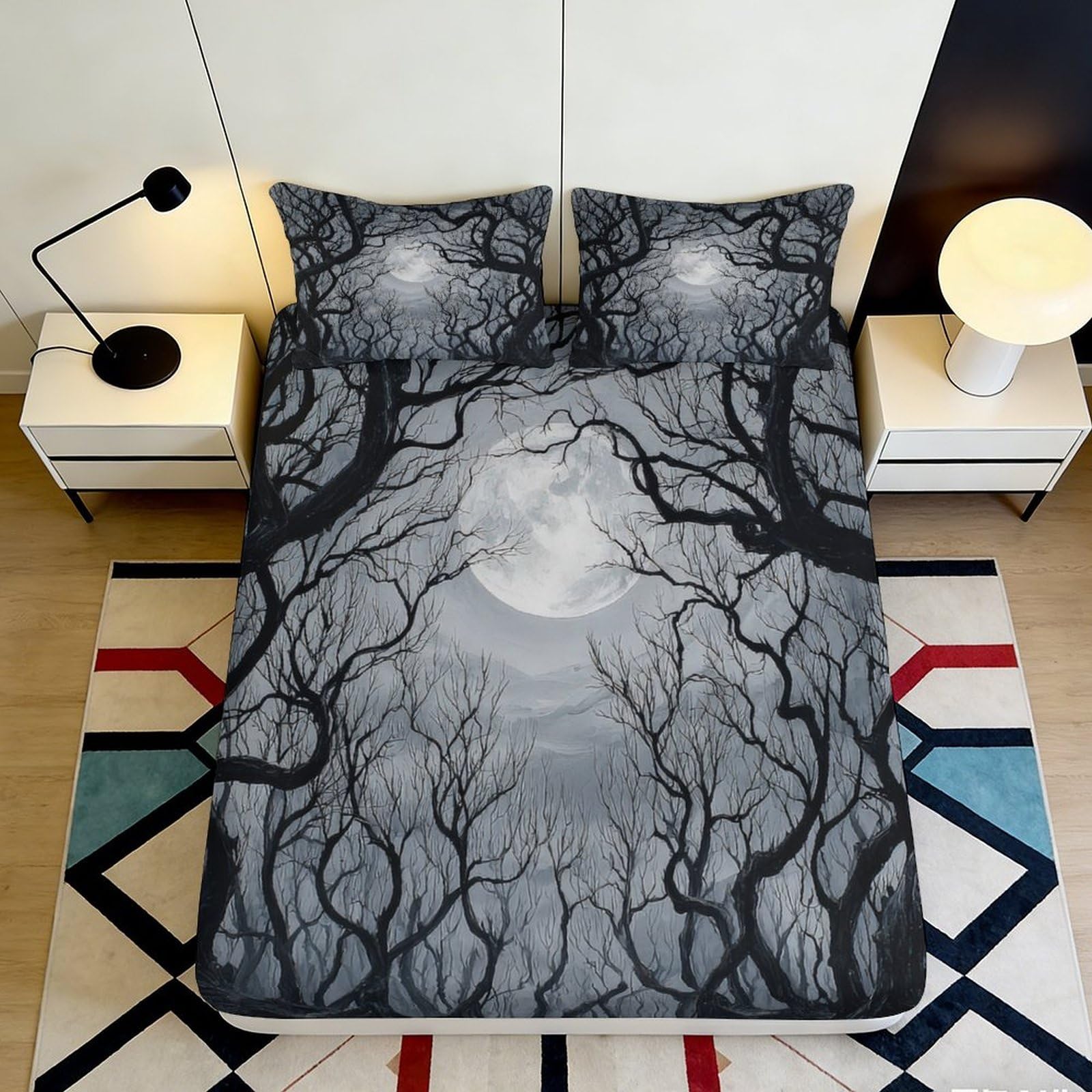 3D Printed Moonlit Forest Fitted Sheet Microfiber Soft Breathable Night Tree Mattress Cover for Bedroom Dorm 140x200x25cm