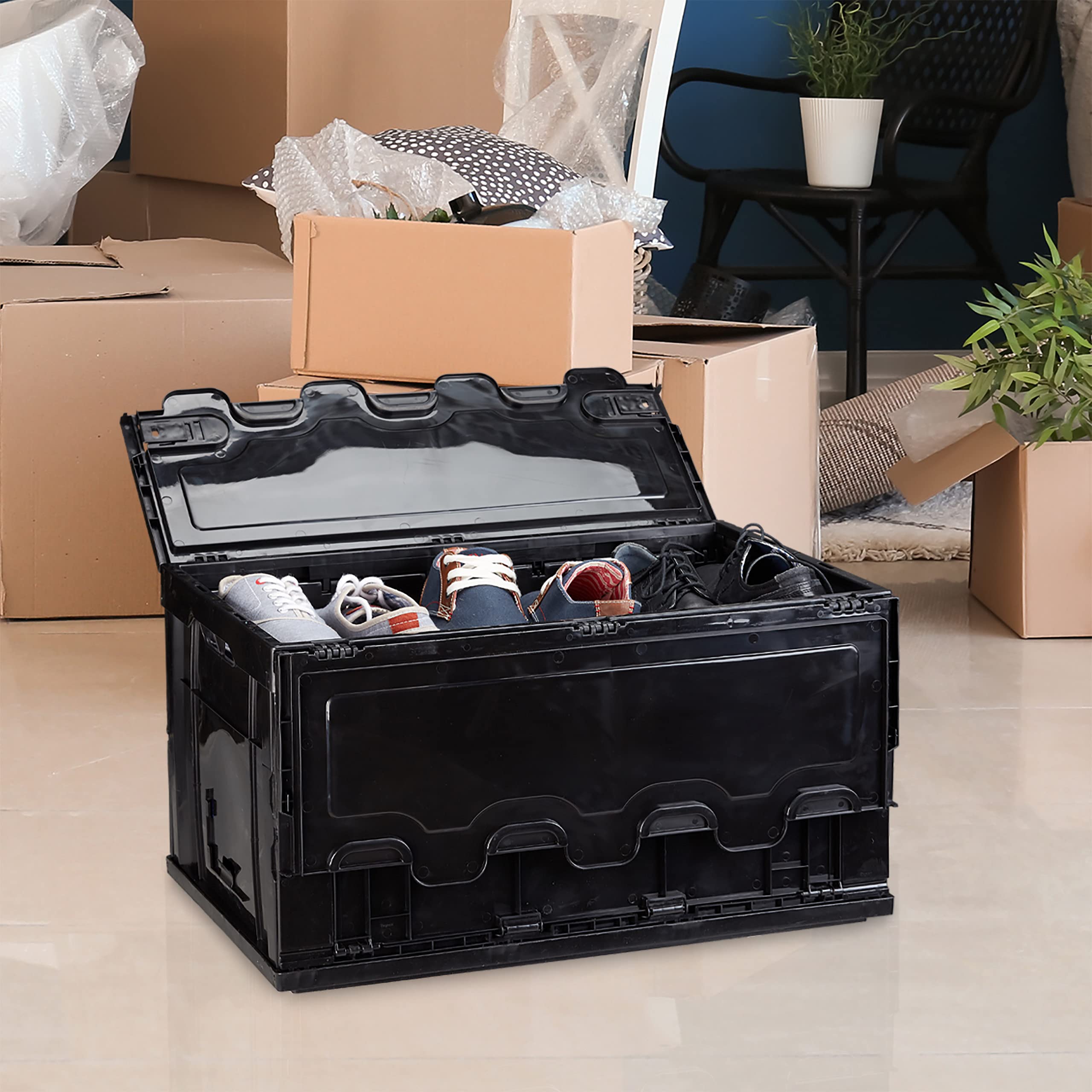 4 x Profi Transportbox, stabil, Gewerbe, hochwertiger Kunststoff, Deckel, Qualität, 60 L, HxBxT 32,5x58,5x39,5cm, grün