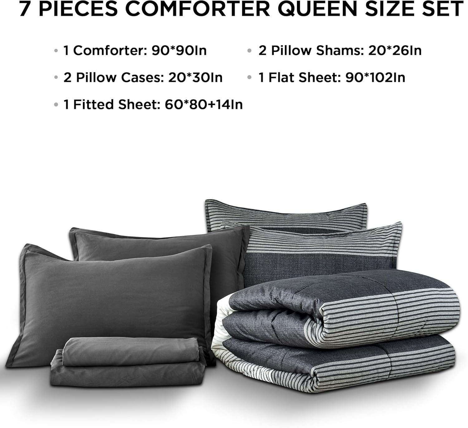 Andency Queen Comforter Set 7 Pieces Bed in a Bag - Black White Grey Striped Lightweight Soft All Season Queen Size Bedding Set with Comforter, Fitted & Flat Sheet, Pillowcases & Shams