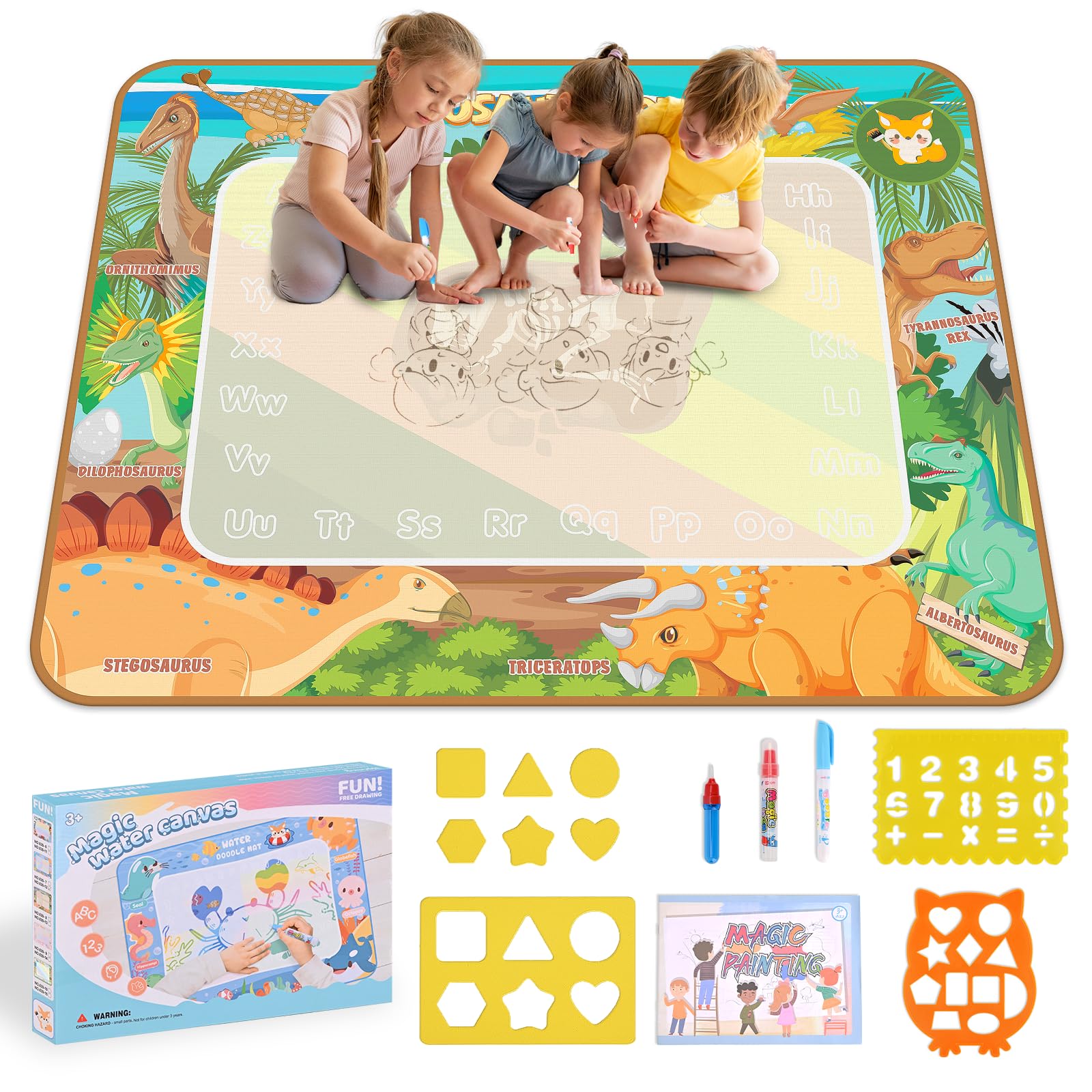 Damcyer Agua Dibujo Pintura,80X100 cm Agua Dibujo Pintura,Agua Doodle Esteras Mágicas de Color de Agua Reutilizable para Niños Pequeños,Aqua Magic Doodle Mat Regalo de Juguete Educativo Dinosaurio