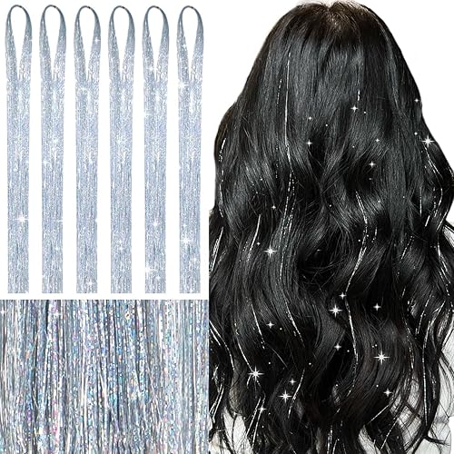 WENNALIFE Kit de oropel de cabello para niñas, extensiones de cabello de oropel de color plateado de 48 pulgadas para niños, accesorios de Navidad,