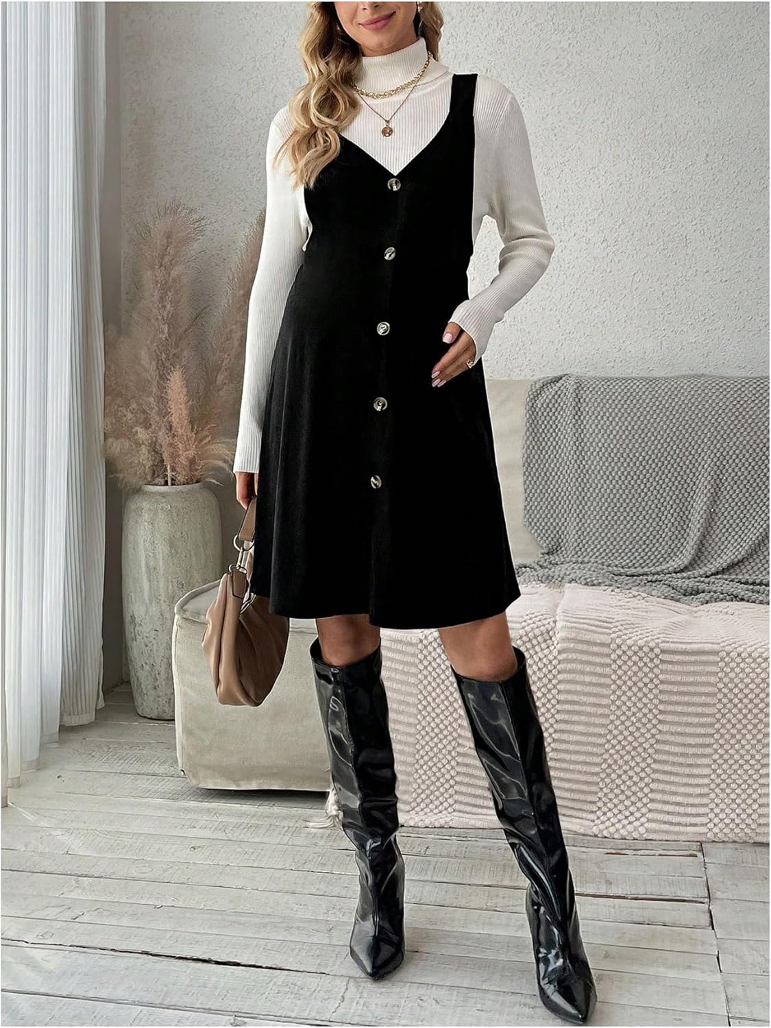 OYOANGLE Women's Maternity Button Front Sleeveless Dress V Neck Straight Pinafore Overall Dresses - Image 6