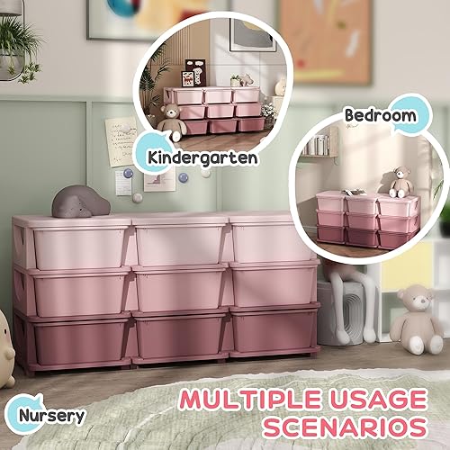 Miniatura 4 de Qaba Unidad de almacenamiento para niños de 3 niveles, organizador de juguetes con 9 cajones, contenedores de plástico para dormitorio de niños,