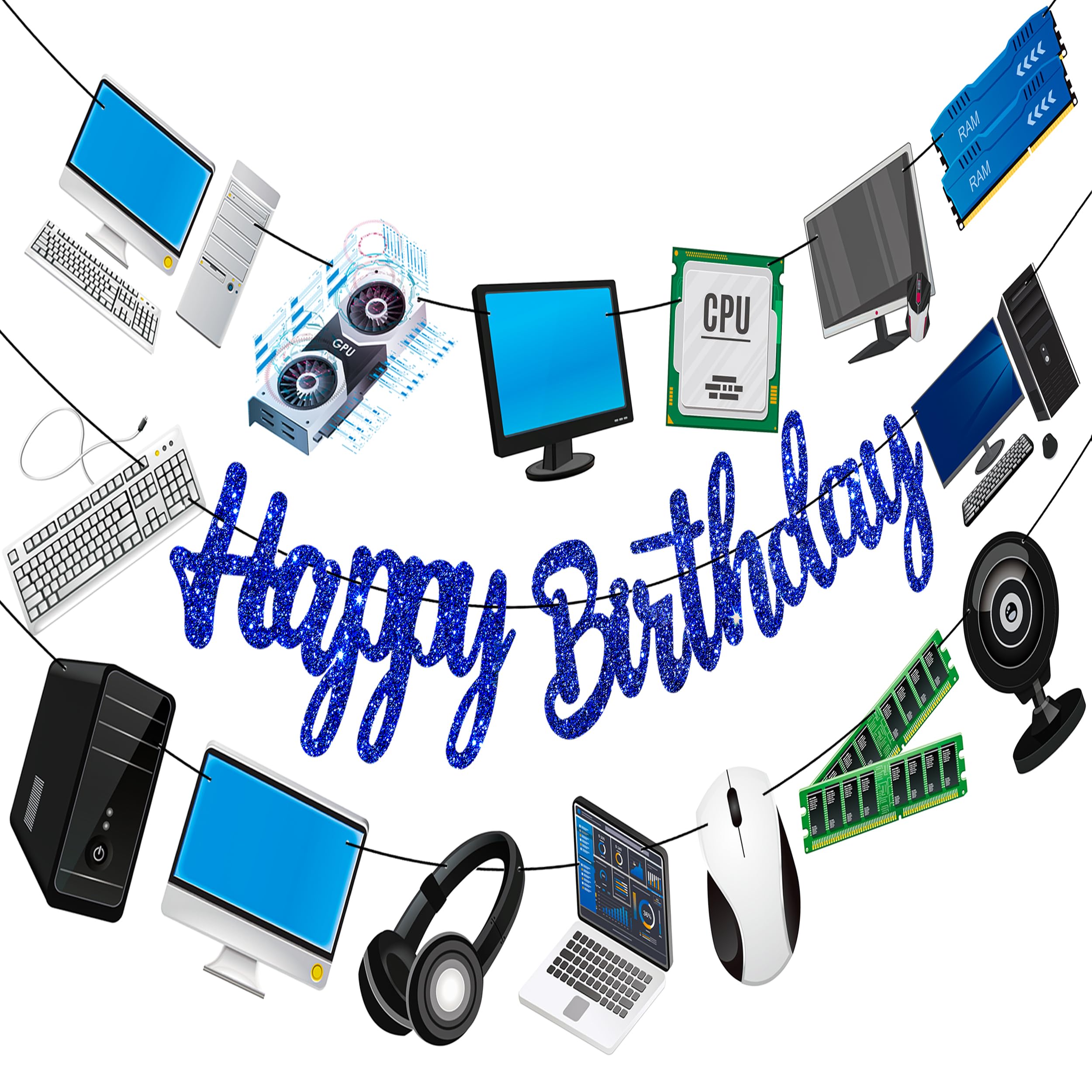 3pcs Computer Birthday Party Decorations Blue Happy Birthday Party Banner Intelligence Theme Garland Decorations for Computer Themed Party Baby Shower Supplies