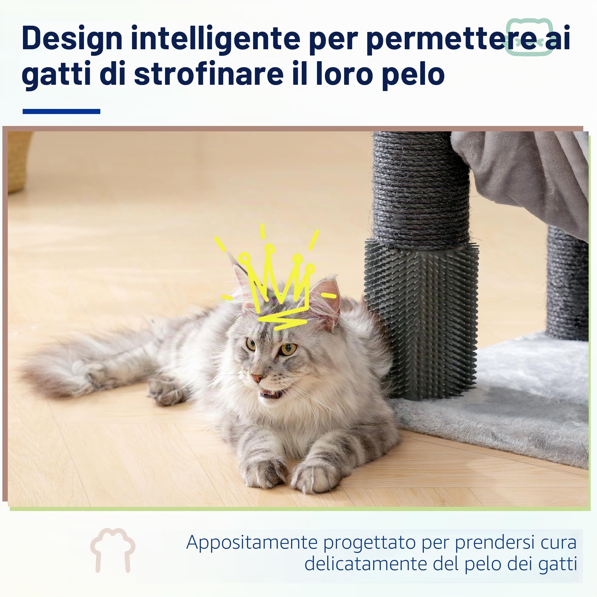 Hey-brother Tiragraffi per Gatti, Colonna sisal 11cm spessa, Amaca, MPJ01W | 168cm Albero per Gatti, 2 Piattaforme, Cesta, Cuccia, Spazzola per animali, Ideale per Maine Coon da interno, Grigio Chiaro