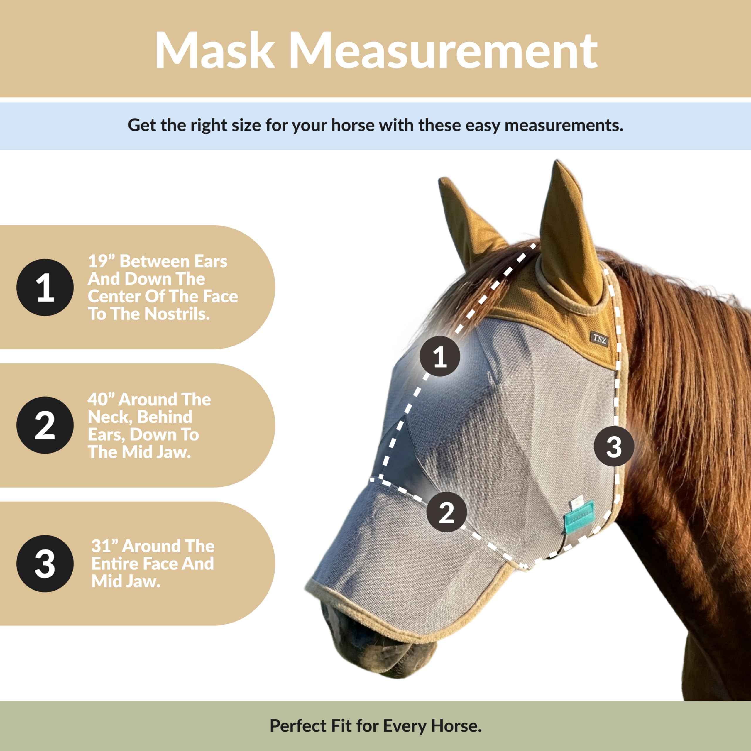 Máscara de mosca de caballo con orejas y cubierta de nariz, 70% de bloqueo UV, máscaras transpirables para caballos, duradero, ajuste cómodo para protección durante todo el día, tamaño de caballo