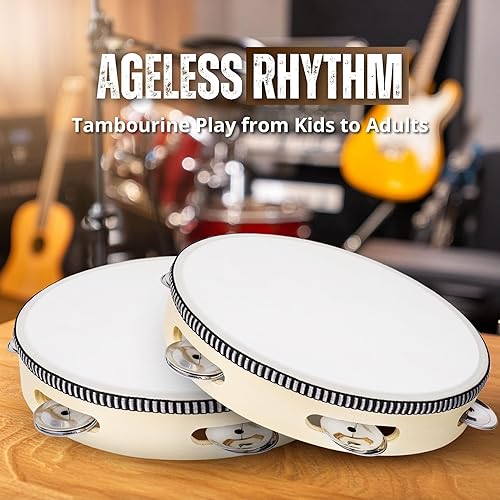 Miniatura 66 de Flexzion Pandereta redonda de madera para niños y adultos de 10 pulgadas de una sola fila, 8 pares de jingles, instrumento de percusión de mano rojo