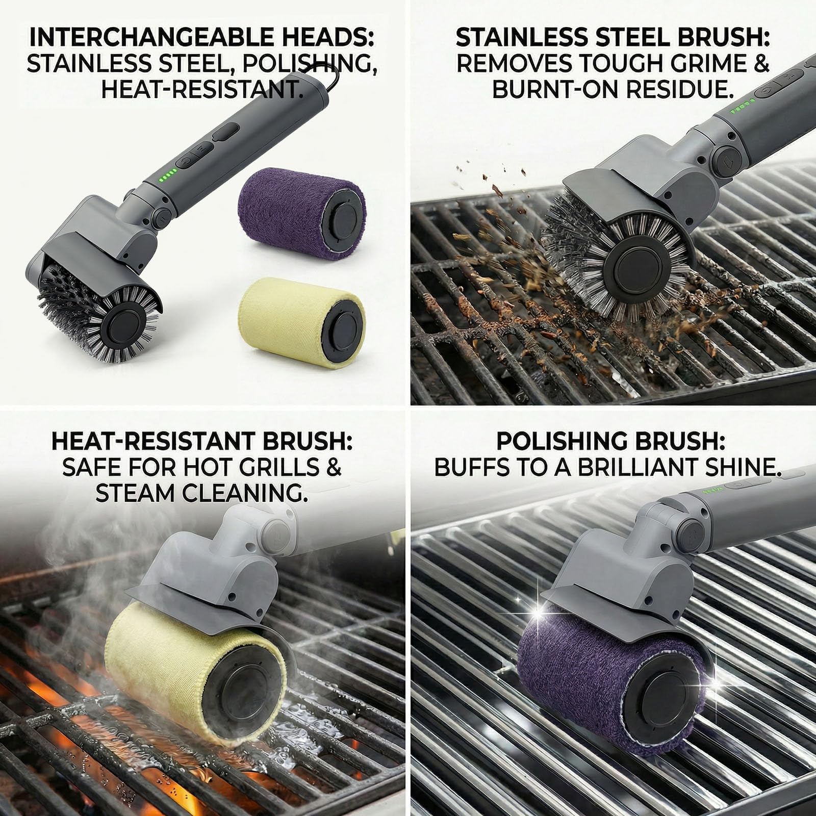 Kit de Cepillo Eléctrico para Barbacoa 3 en 1 – Limpiador de Parrilla Inalámbrico con Cabezales de Metal Reforzados – 2 Horas de Batería, Impermeable y Apto para Lavavajillas – Color Gris Claro