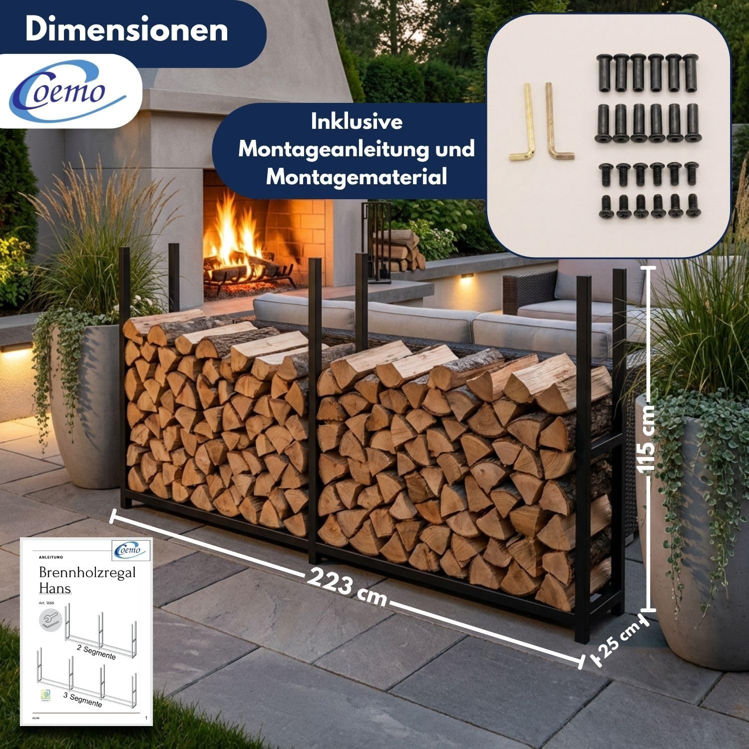 HANS Brennholzregal Metall Wetterfest mit Plane 2 Segmente Länge 2,23 m – Kaminholzregal für Außen, Feuerholzregal Garten, Holzlager Kaminholz, Holzregal Terrasse, Holzunterstand Outdoor & Rostfrei
