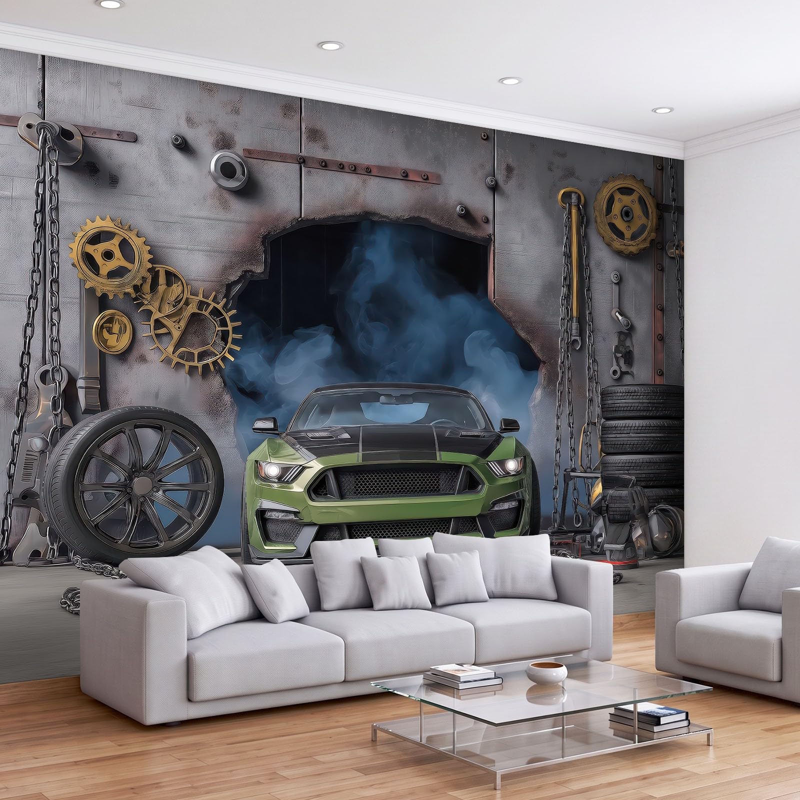 Retro wyścig samochodowy rozbija panoramiczną ścianę dla chłopców dziewcząt, 500 x 280 cm szary gigantyczny plakat ścienny 3D, dekoracja ścienna premium do salonu, sypialni dorosłych, pokoju