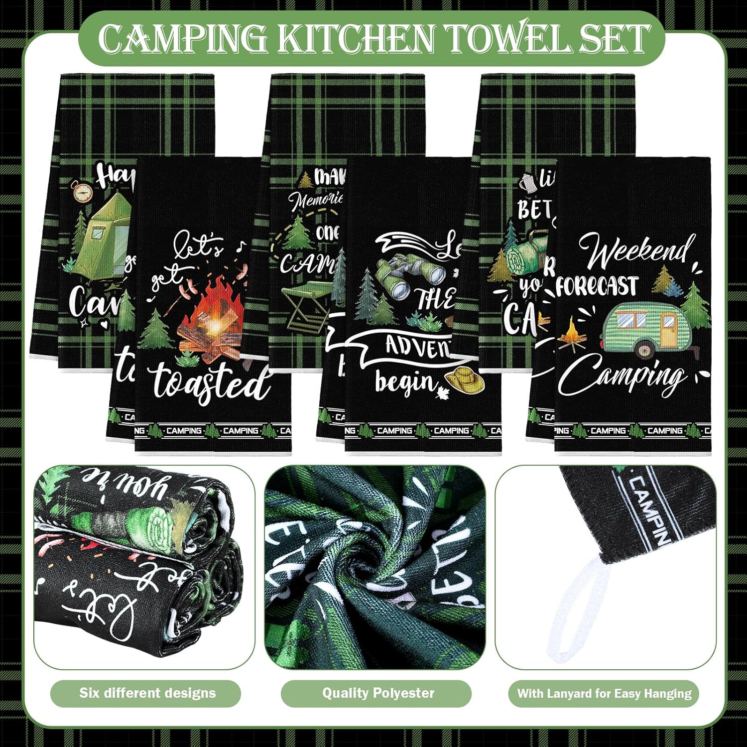 Redbaker 6 Pcs Camping Kitchen Towels Bonfire Tent Car Dishcloth Outdoors Happy Camper Hand Tea Towels Decorative Set Absorbent Camping Decor with Hanging Loop for Camper Gifts RV Accessories(Black) - Image 3