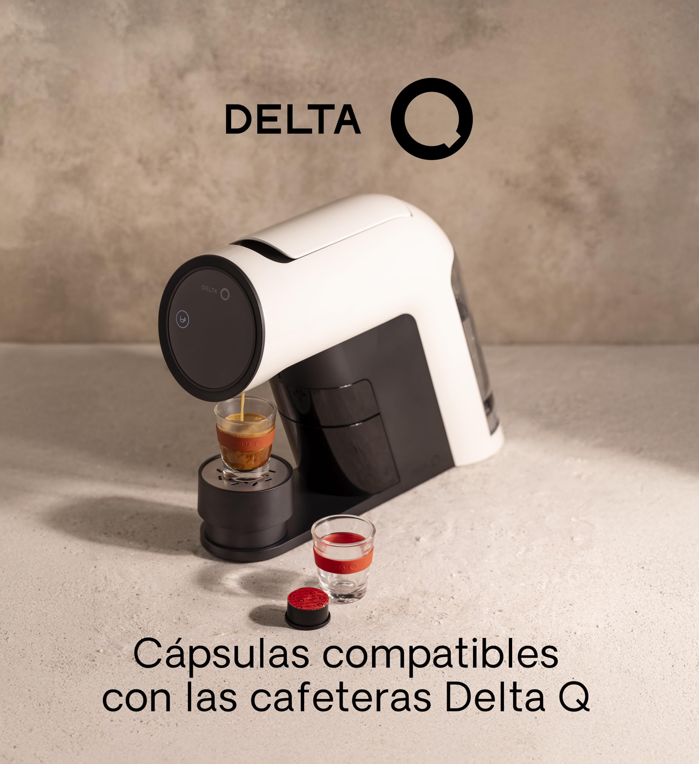 Delta Q Cafetera lconiQ Blanca+ 60 cápsulas - Cafetera de café de cápsulas + 1 pack de 40 cápsulas intensidad 10 + 1 pack 10 cápsulas descafeinado + 1 pack 10 cápsulas café con canela