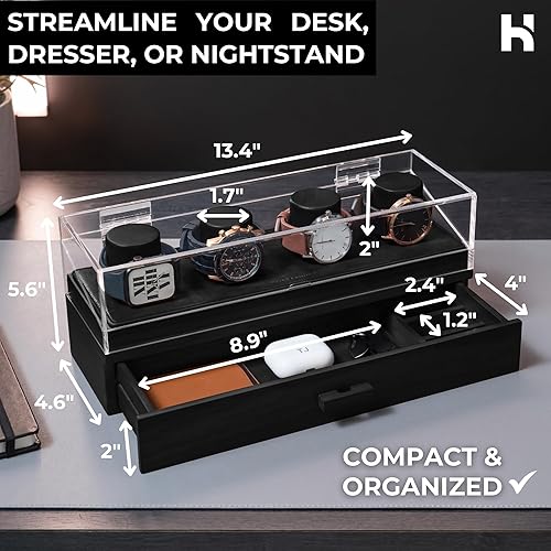 Miniatura 9 de Holme & Hadfield Estuche de madera de alta calidad con 4 ranuras, caja de reloj hecha a mano para hombre con cajón de accesorios, cubierta con