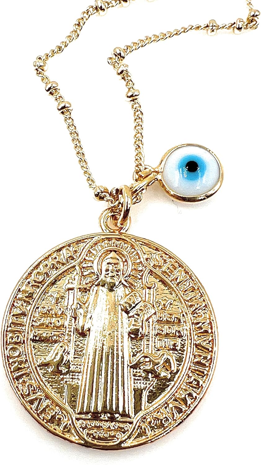 LESLIE BOULES Gold San Benito Pendant Necklace 18K Plated Chain & Small Evil Eye jewelry for Women