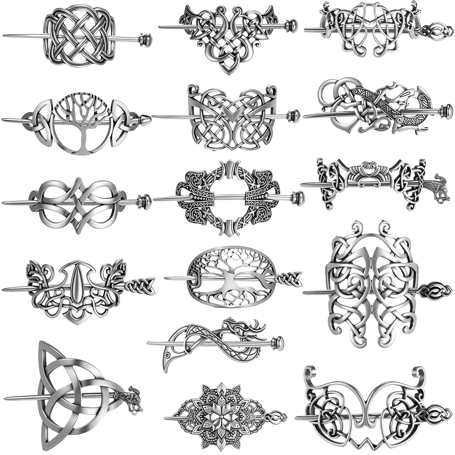Syhood 16 Pcs Viking Celtic Hair Clips Vintage Knot Hair Stick Retro Silver Metal Celtic Barrette Hairpins Viking Jewelry Accessories for Women (Farmhouse)