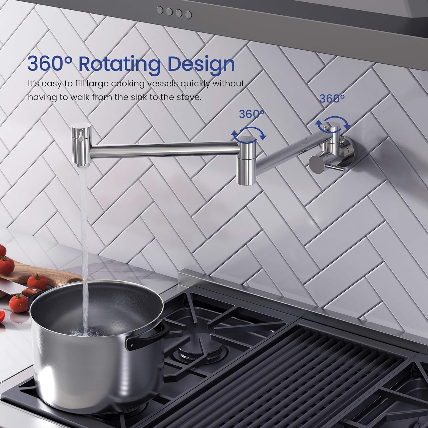 KIBI Circular Pot Filler Faucet | Wall Mount Kitchen Faucet | Solid Brass, 360 Degree Swivel, Single Handle, Hot and Cold Water | Kitchen and Bar Use | Chrome Finish (KPF601)